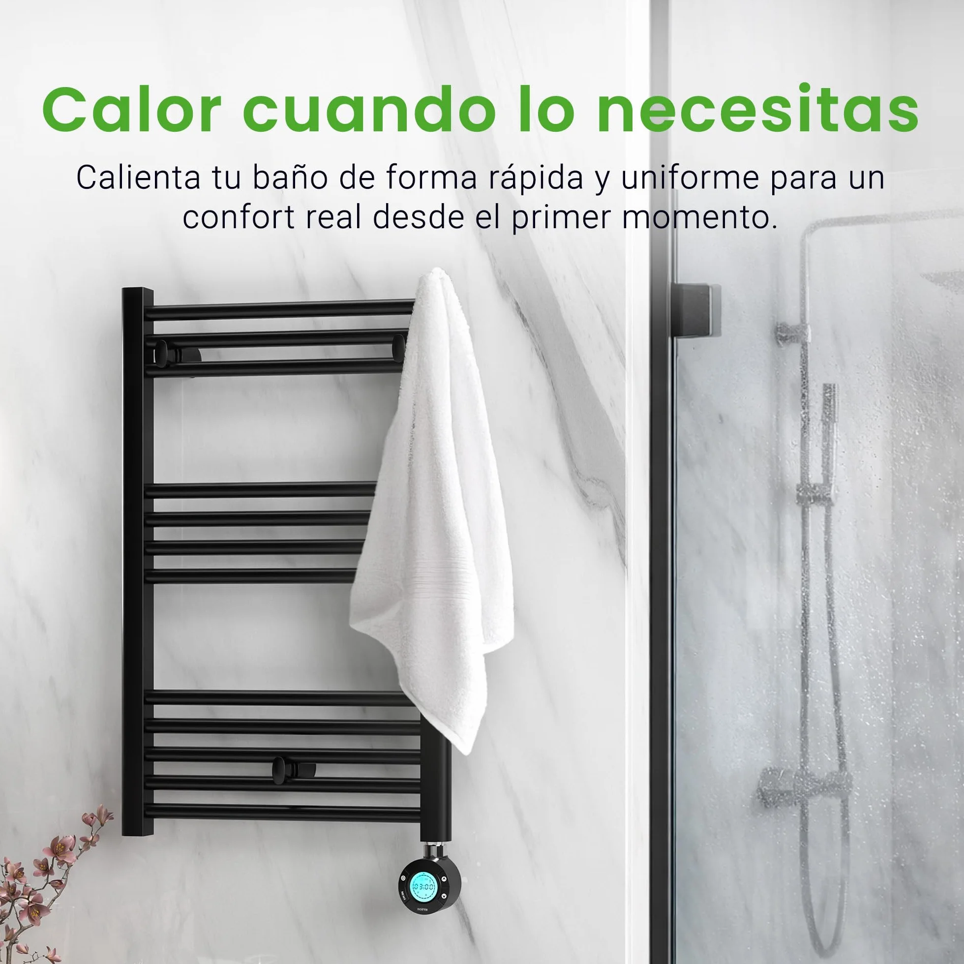 ROINTE Calientatoallas Elba Plus, Secatoallas Eléctrico Digital 19 Tubos, Acero, Blanco RAL 9016, 121.5x50x9.5 cm, 500W, Panel LCD Táctil