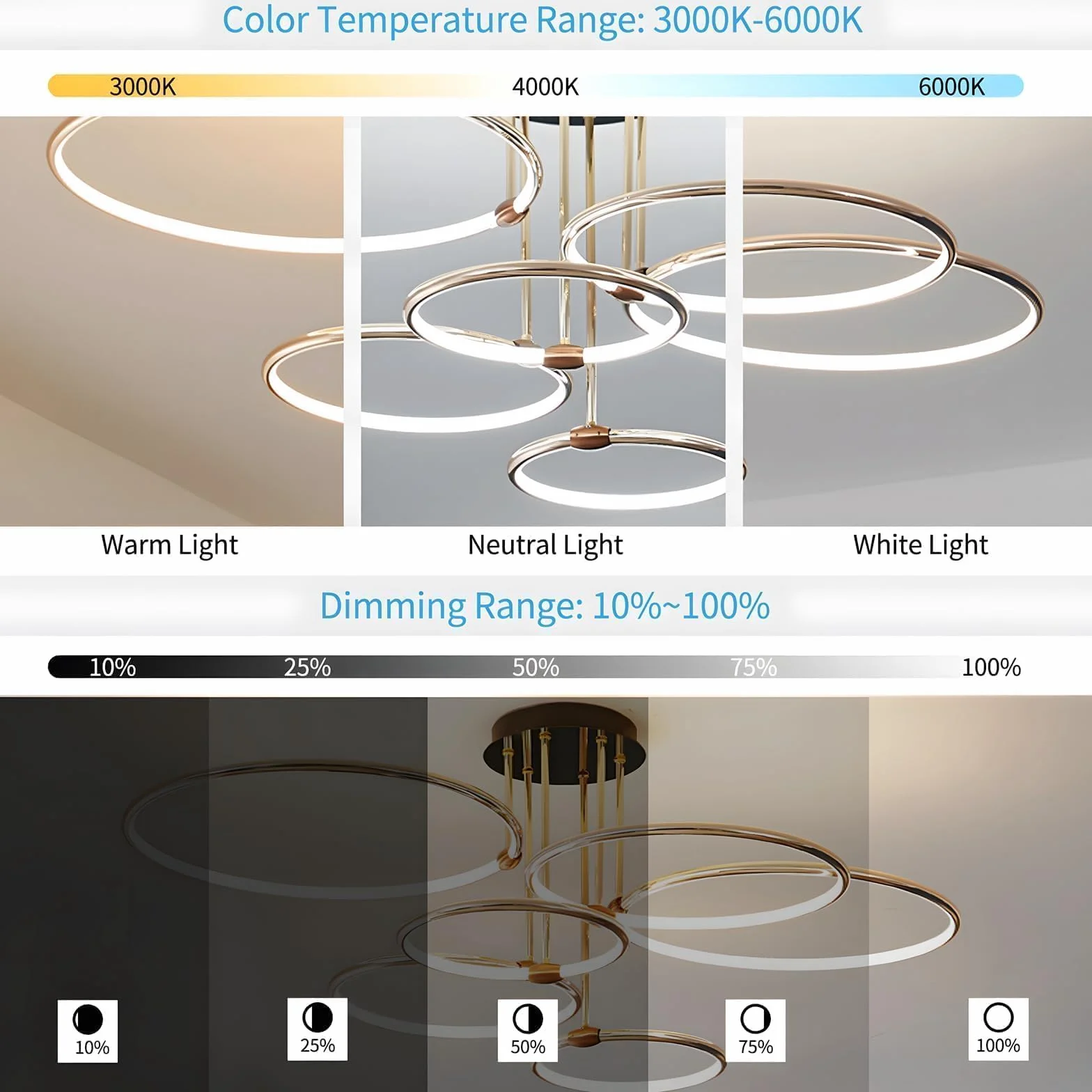 6 Anillos Redondos Lámpara De Techo Led Dorada Diseño, Candelabro De Ø105cm | 145W Regulable Forma Continua, Colgante De Electrochapa De Metal Creativo, Lámpara Moderna Para Dormitorio, Sala De Estar