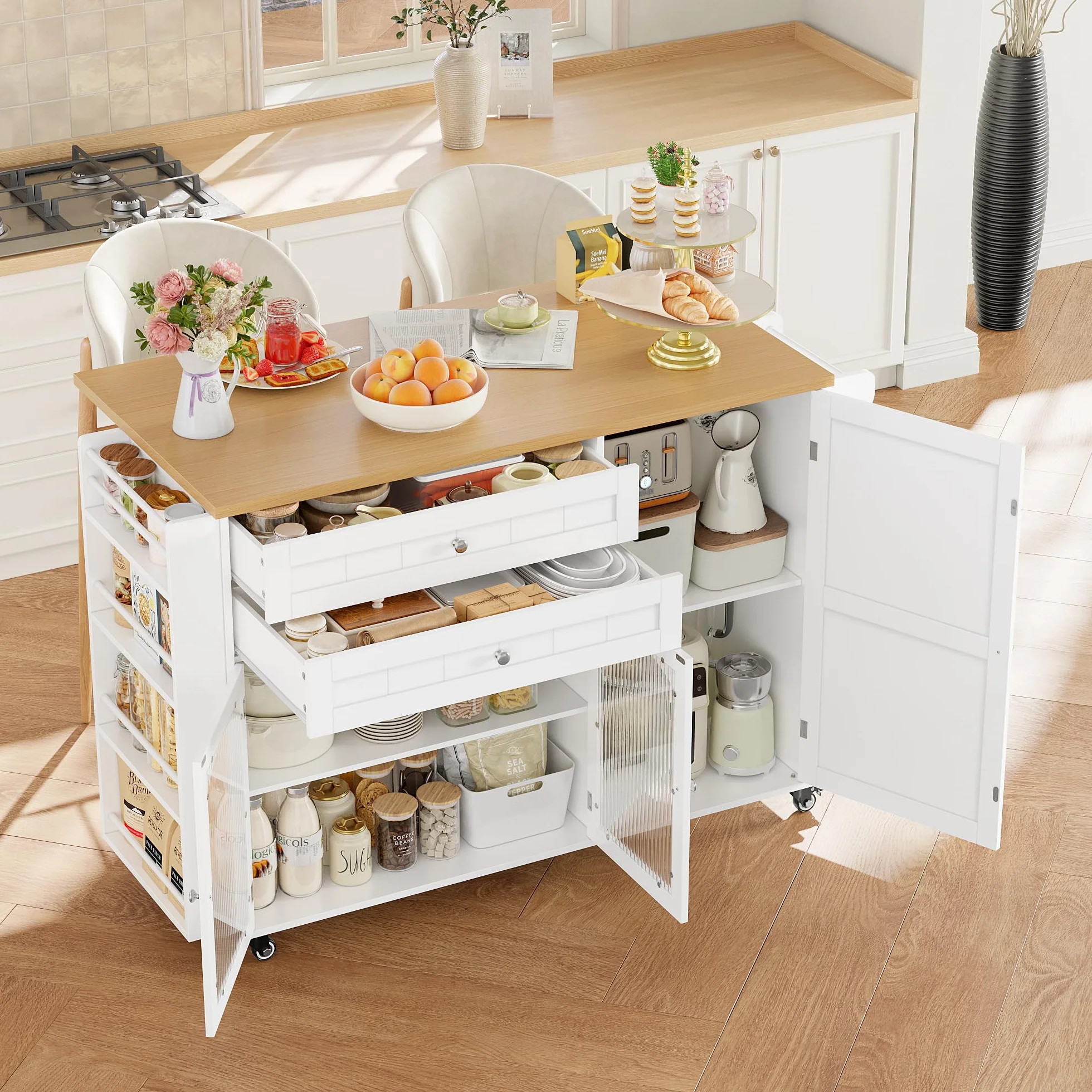 FirFurd Isla Cocina con Ruedas, Isla de Cocina con Barra, Mueble Cocina Auxiliar, con Mesa Plegable, con 5 Ruedas, 2 Cajones y 3 Puertas, Especiero y Toallero (Blanco)