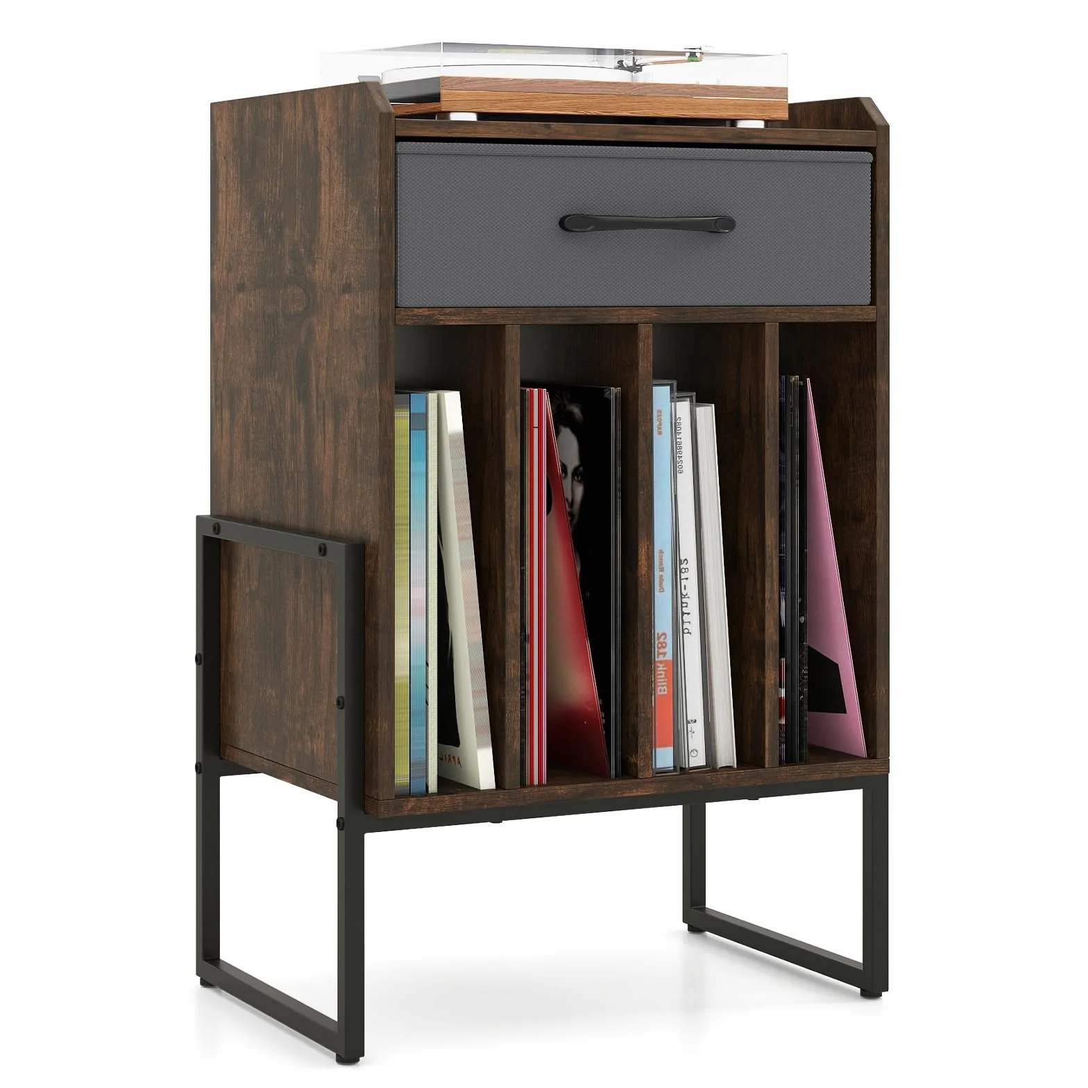 FANTASK Soporte para tocadiscos, estante para discos de vinilo con cajón de tela plegable, 4 compartimentos, hasta 160 álbumes, estilo vintage
