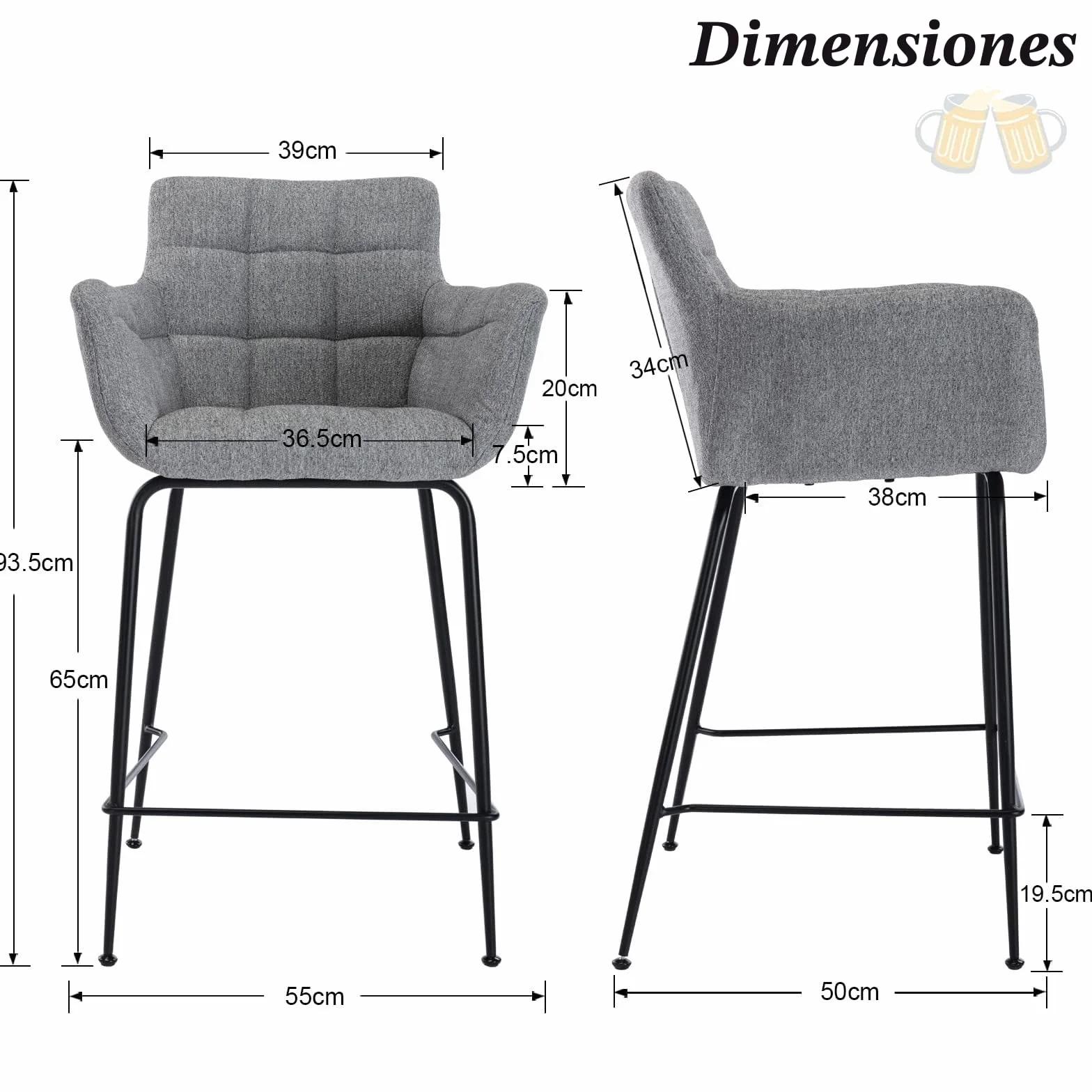 Taburetes de Bar Tapizado en Tejido de Toalla, Juego de 2, Sillas Altas Modernas con Brazos, Gris