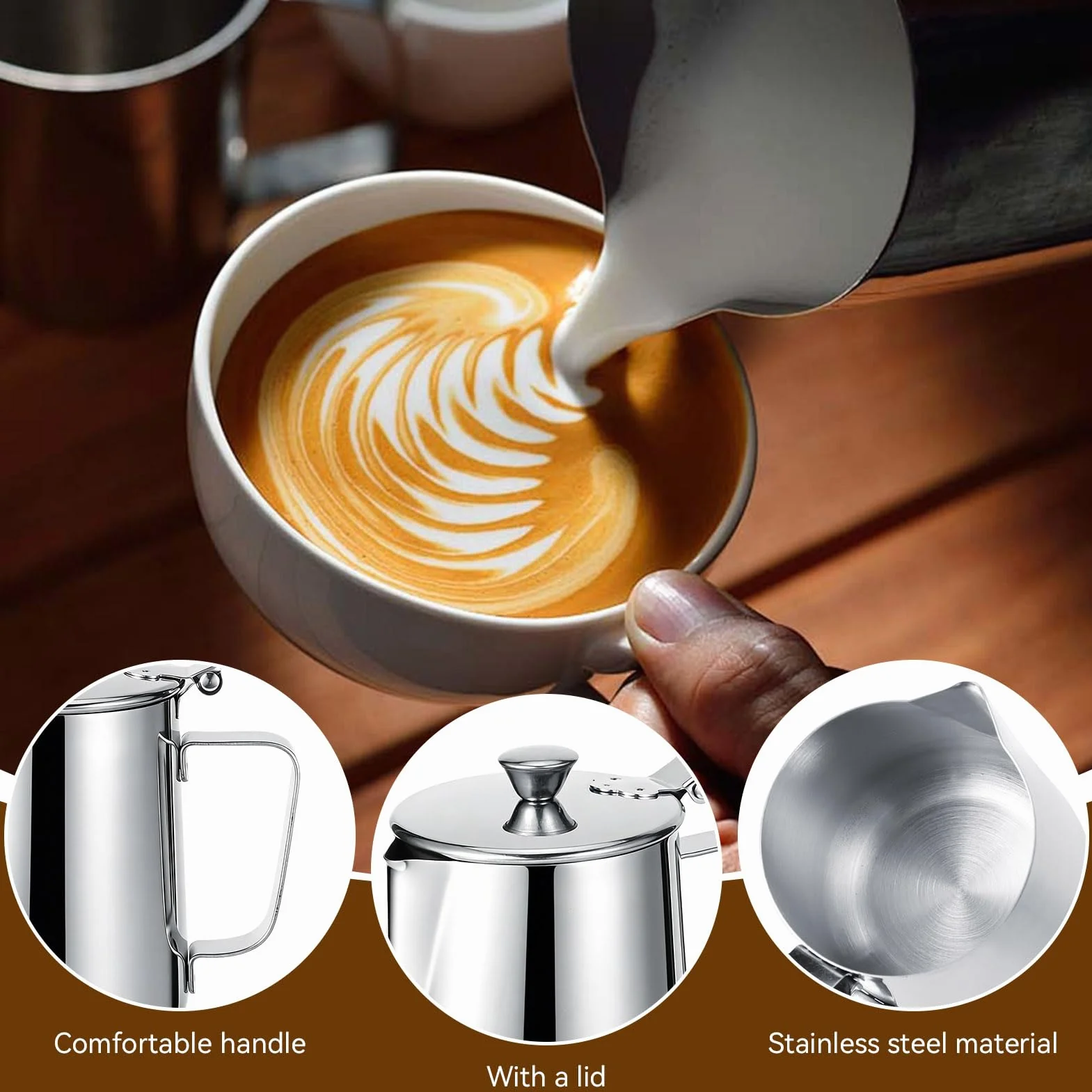 Jarra de leche con tapa, 600 ml/1000 ml, jarra de leche de acero inoxidable, jarra de espuma de leche con mango para café con leche, número de referencia (600 ml)
