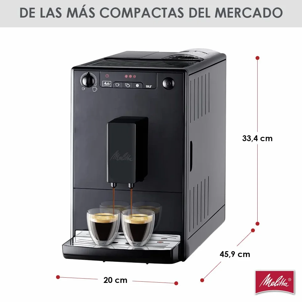 Melitta, Solo E950-222, Cafetera Superautomática con Molinillo, 15 Bares, Café en Grano para Espresso, Limpieza Automática, Personalizable, Pure Black