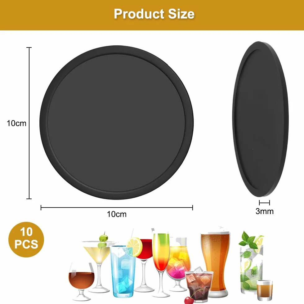 Posavasos de Vidrio Negro Silicona Antideslizantes 10cm Sin BPA para Bebidas Exterior Interior