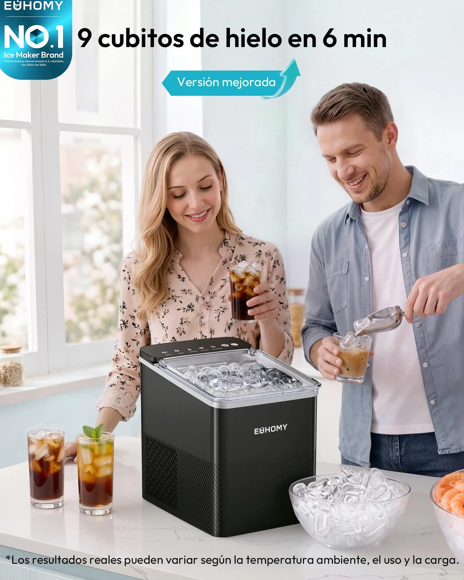 EUHOMY Máquina de hielo compacta, 9 cubitos, 2 tamaños, limpieza automática, negro
