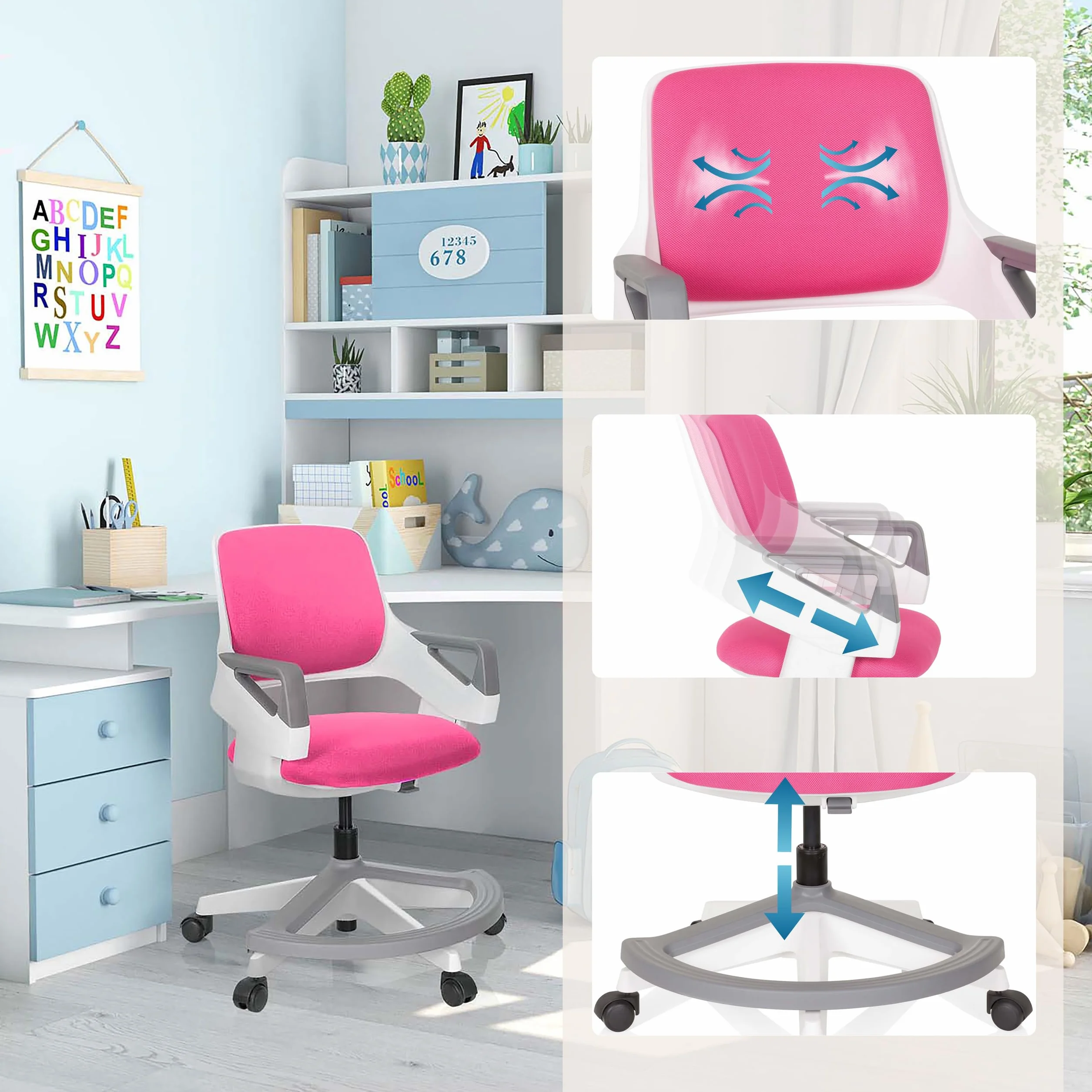 hjh OFFICE 640480 Silla giratoria para niños Kid Flex Tela Rosa, Silla giratoria, reposapiés y Respaldo Regulable