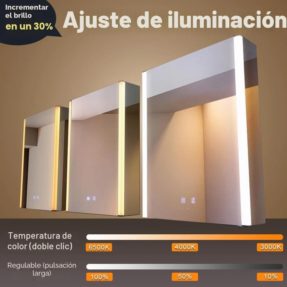 KWW LED Botiquín Baño Espejo Temperatura Color Ajustable Luz Antiniebla Enchufe USB Montado Pared 55x70