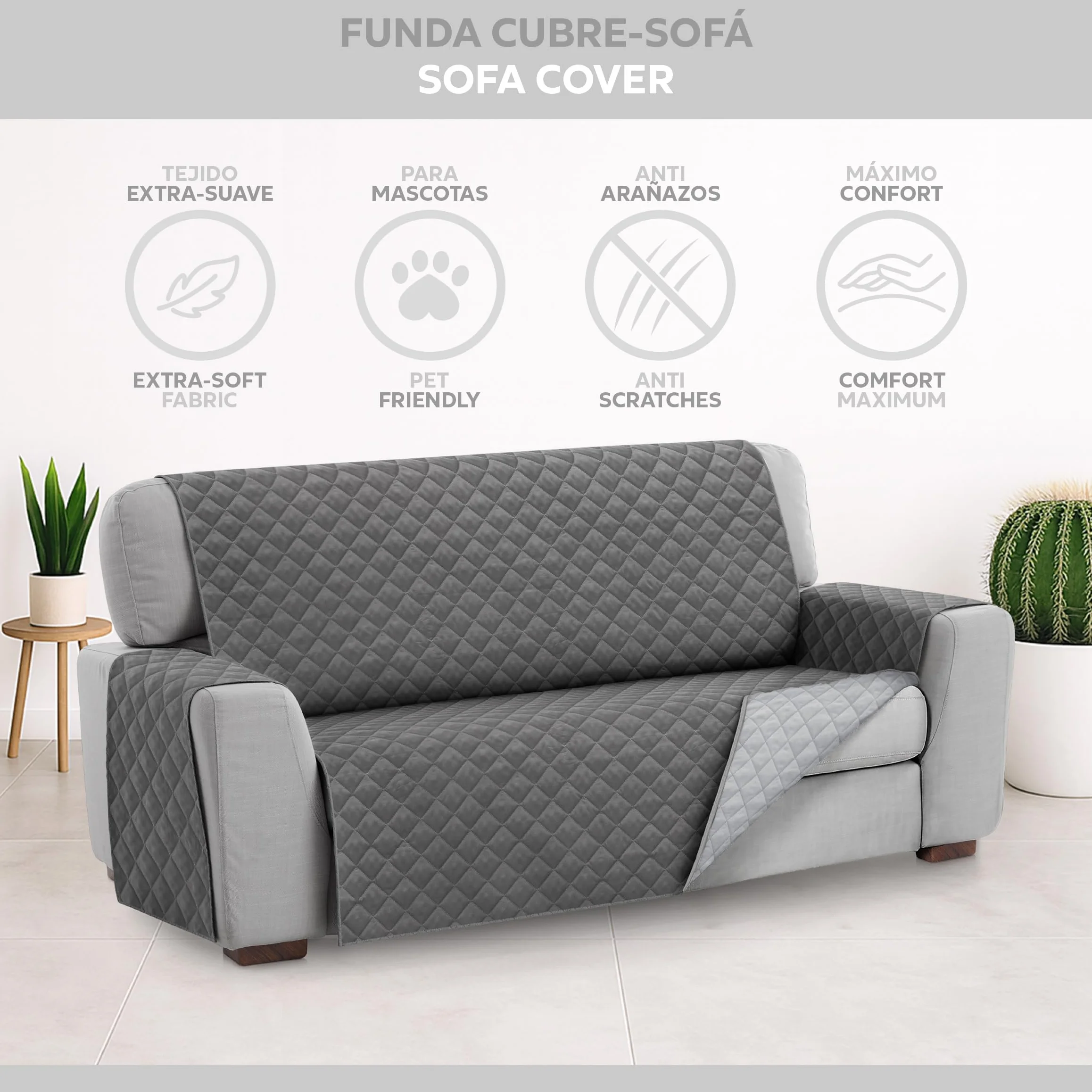 Textilhome Funda Cubre Sofá Malu 3 Plazas 160 cm Protector Acolchado Reversible Universal Gris