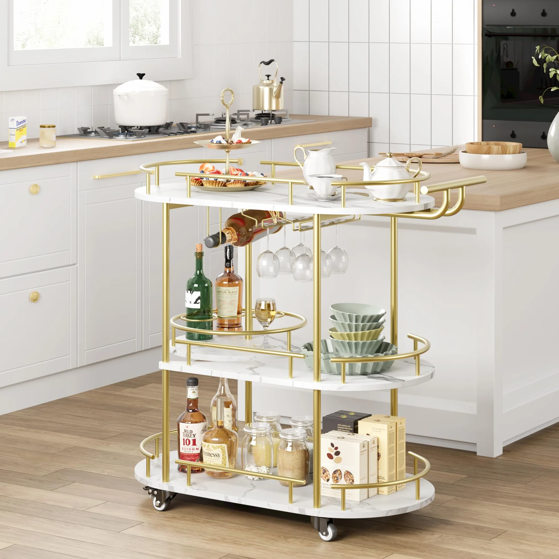 Muebles de Bar,Carros de Vino,Estante de Botellas de 3 Niveles, Ovalado, Base Blanca,Carro de deesert Estructura de Metal Dorado, construcción de gres porcelánico y Metal, Dimensiones 94 × 87 × 40 cm