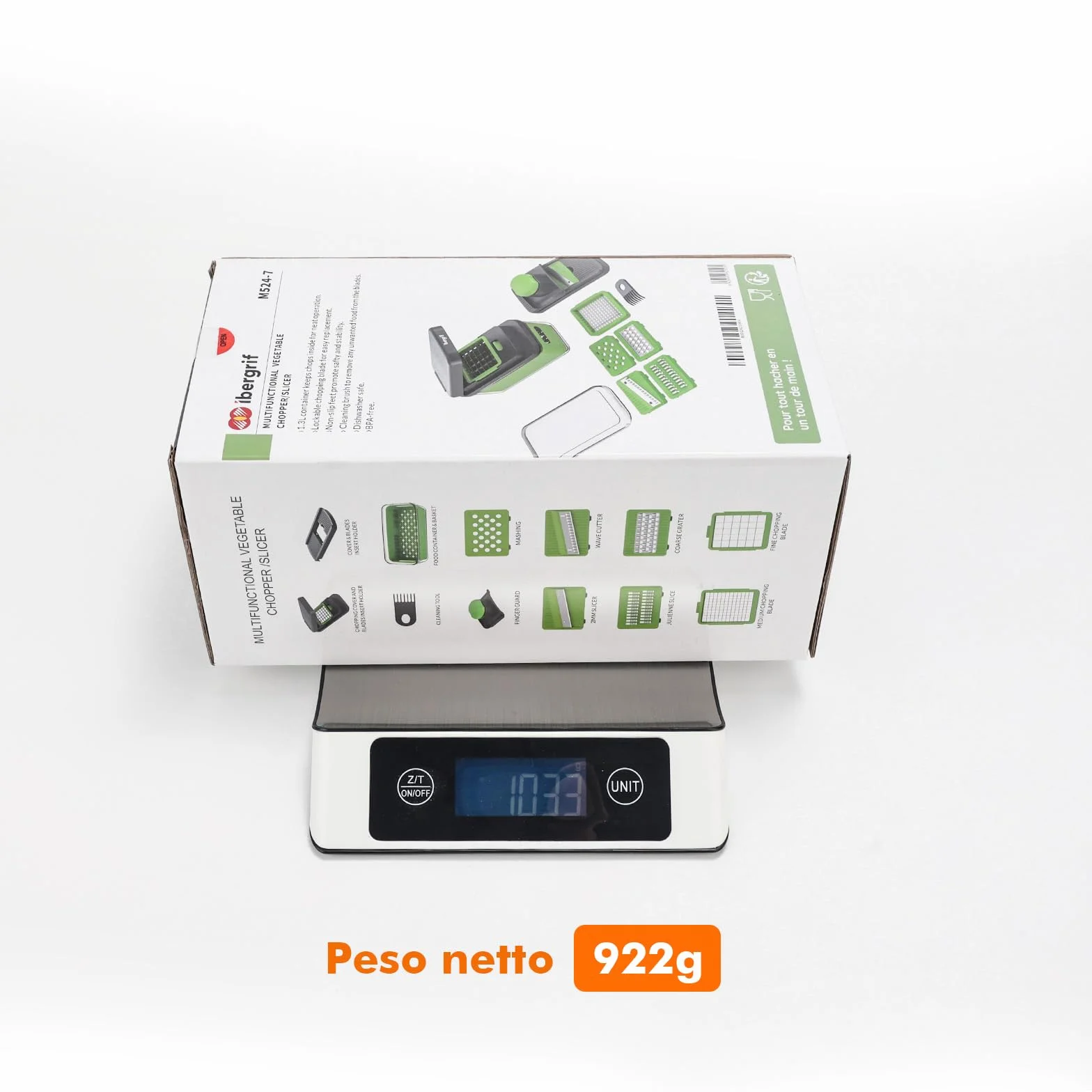 Ibergrif M524-7 Cortador de Verduras 7 en 1, Picador Multifunción con Contenedor, Mandolina de Cocina Profesional