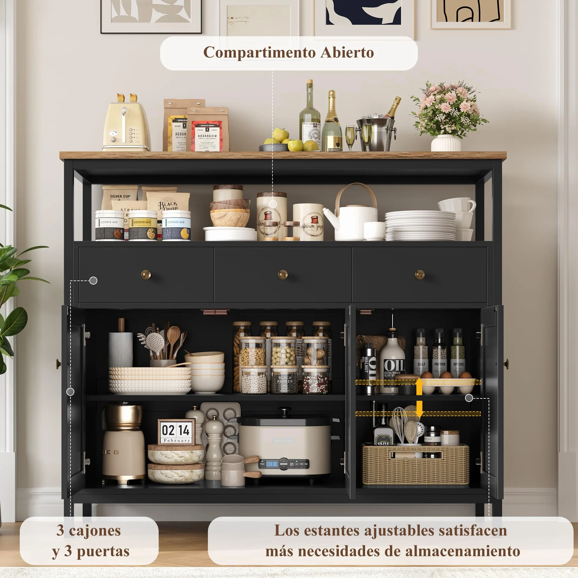 FirFurd Mueble Aparador, Aparador Cocina, Aparador Comedor, Mueble Almacenaje Auxiliar, para Salón, Baño, con 3 cajones y 3 Puertas, Estante Ajustable, 108x38x98,5cm (Negro)
