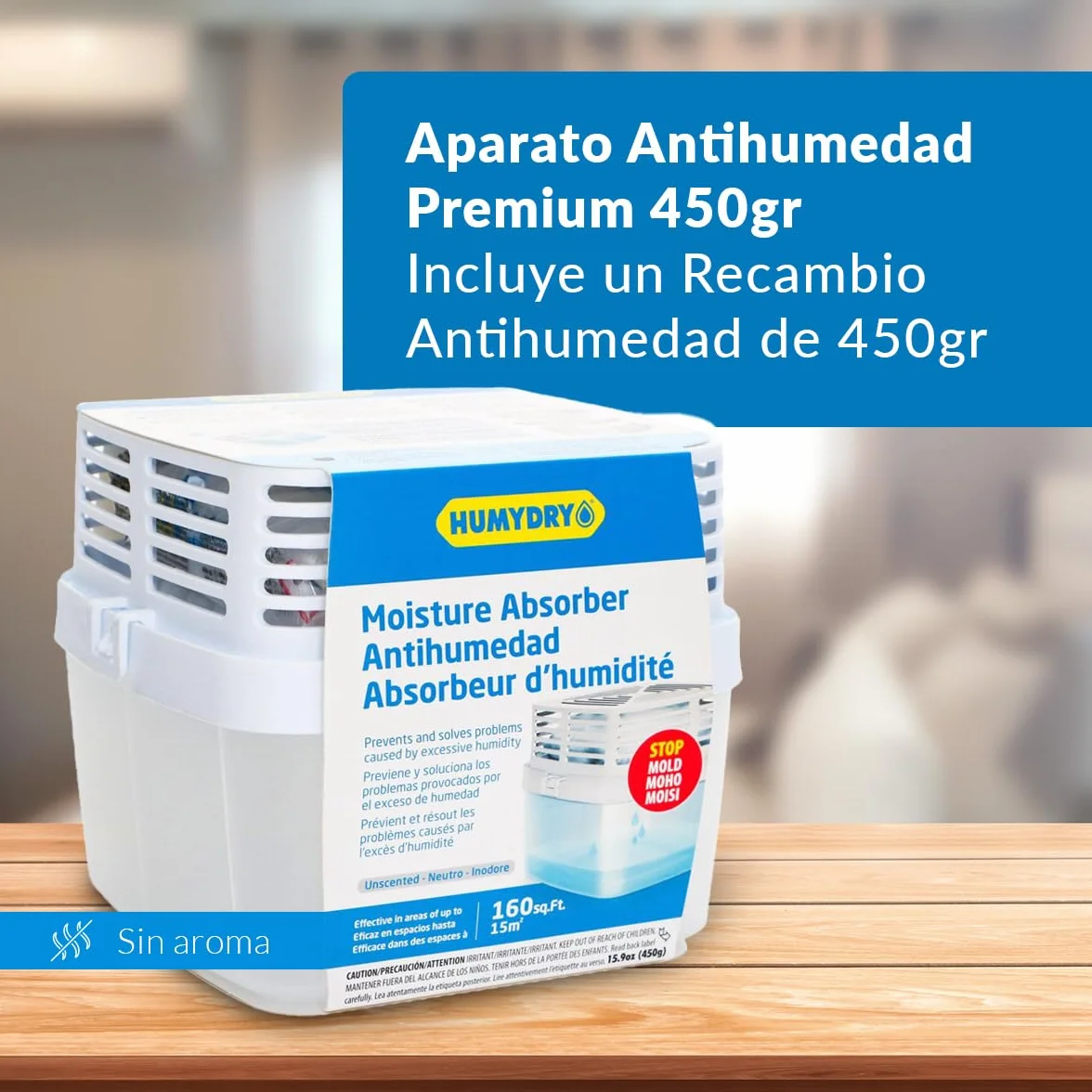 HUMYDRY Premium 450g. Deshumidificador sin enchufe con bolsa antihumedad | Evita moho, condensación y olor a humedad | Ideal para habitaciones, cocinas y oficinas hasta 15m²