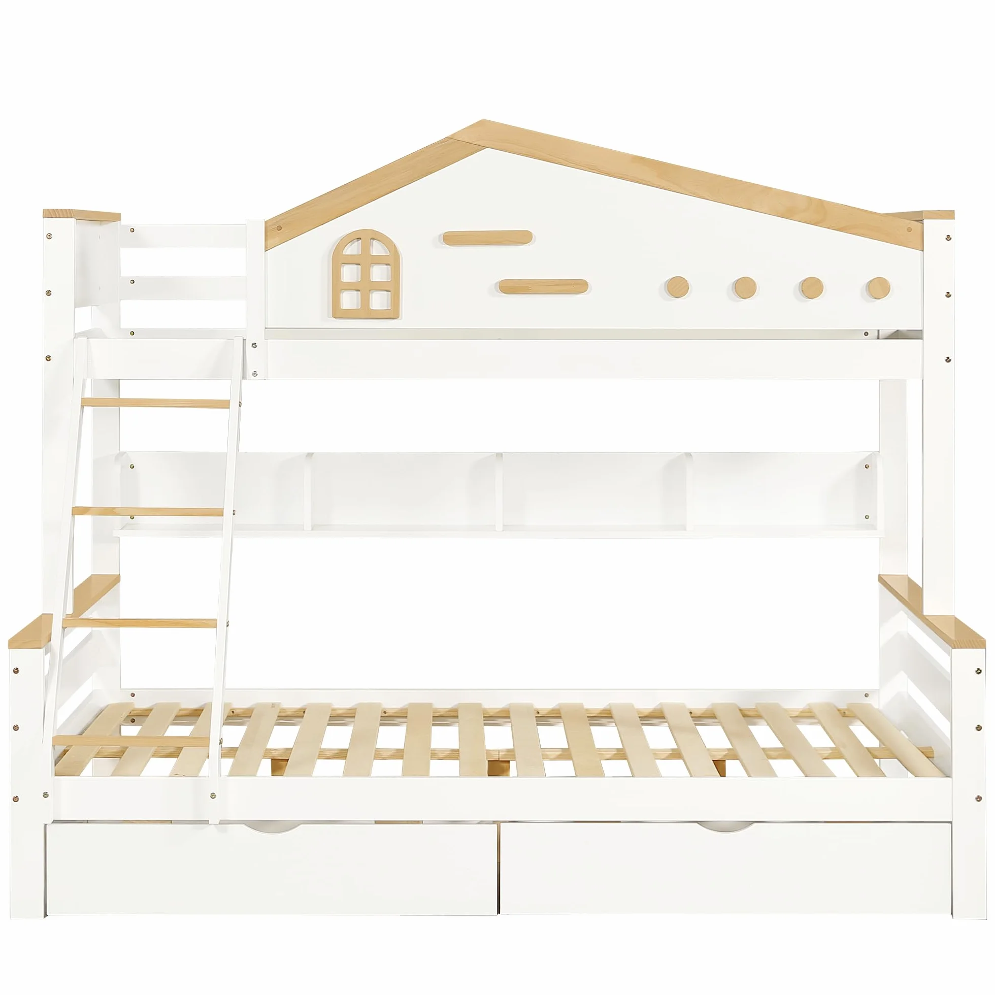 Lubvtti Litera Infantil con 2 cajones,Cama Infantil 90 x 200 cm y 140 x 200 cm,literas Juveniles con Estante Abierto,Estructura de Cama de Matrimonio de Madera Maciza, Blanco + Natural