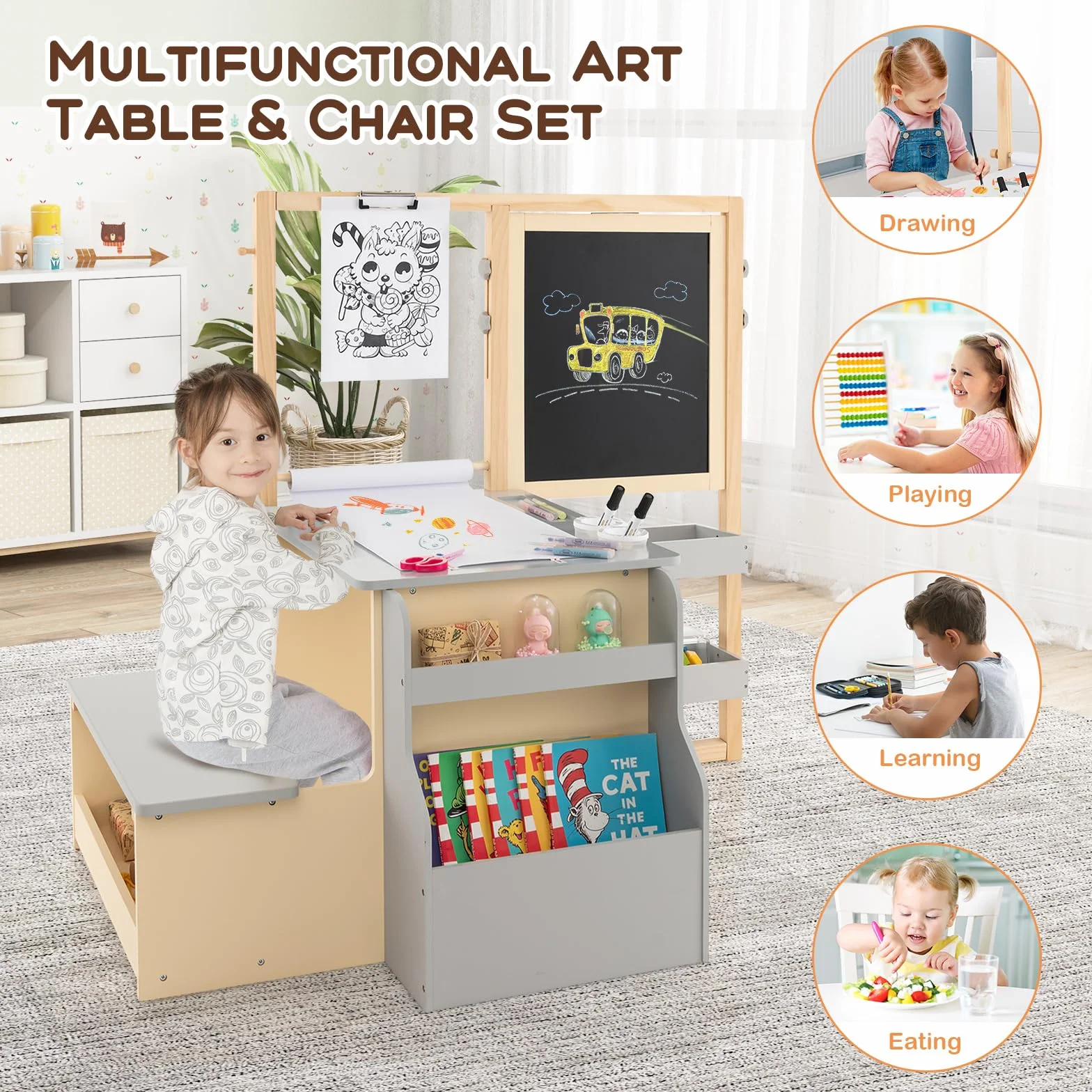LIFEZEAL Mesa Infantil con Banco, Juego de Caballete con Pizarra de Doble Cara, Conjunto de Mesa y Silla para niños de 3+ años, Estante para Juguetes y Libros, Rollo de Papel y rotulador (Gris)