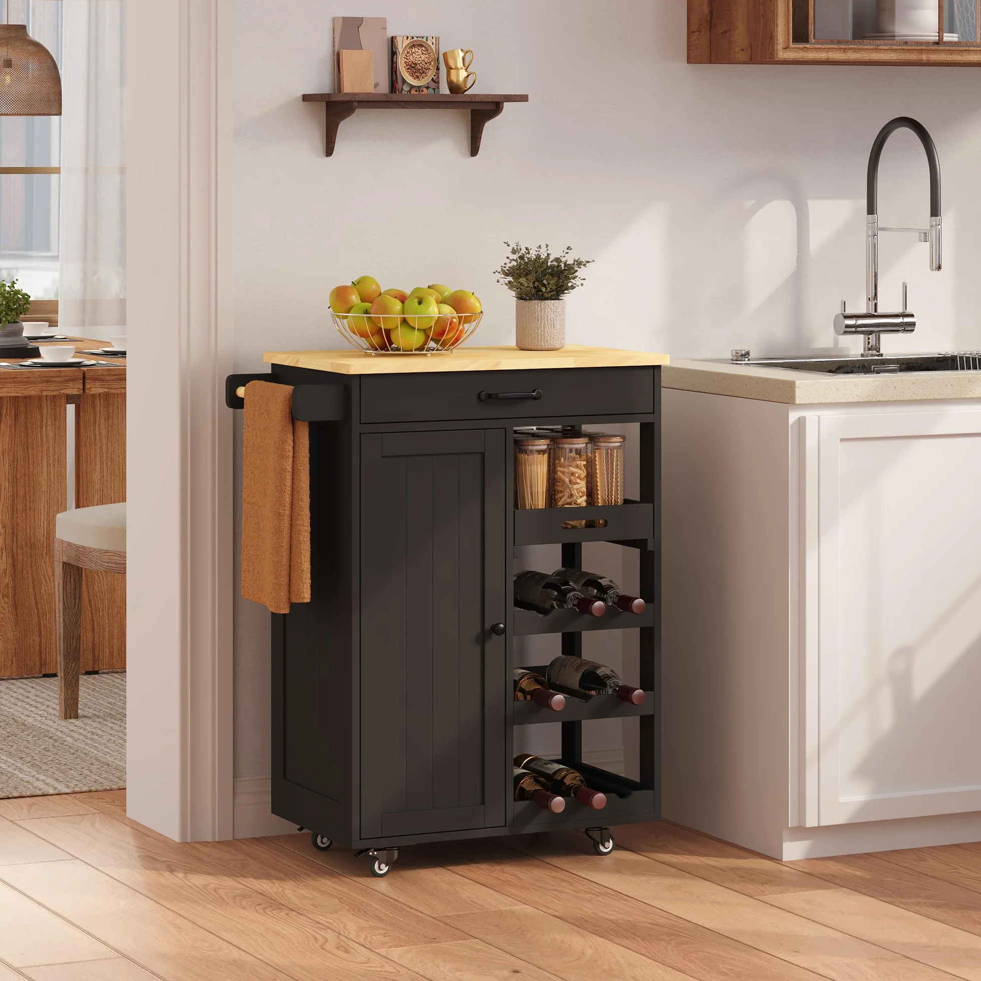 Xbro Carrito Auxiliar con Ruedas, Carrito con encimera, cajón, Bandeja extraíble, Estante para Vino, toallero y Gancho, Carrito Auxiliar para Cocina, Comedor y Bar, 40 x 64 x 91 cm, Negro
