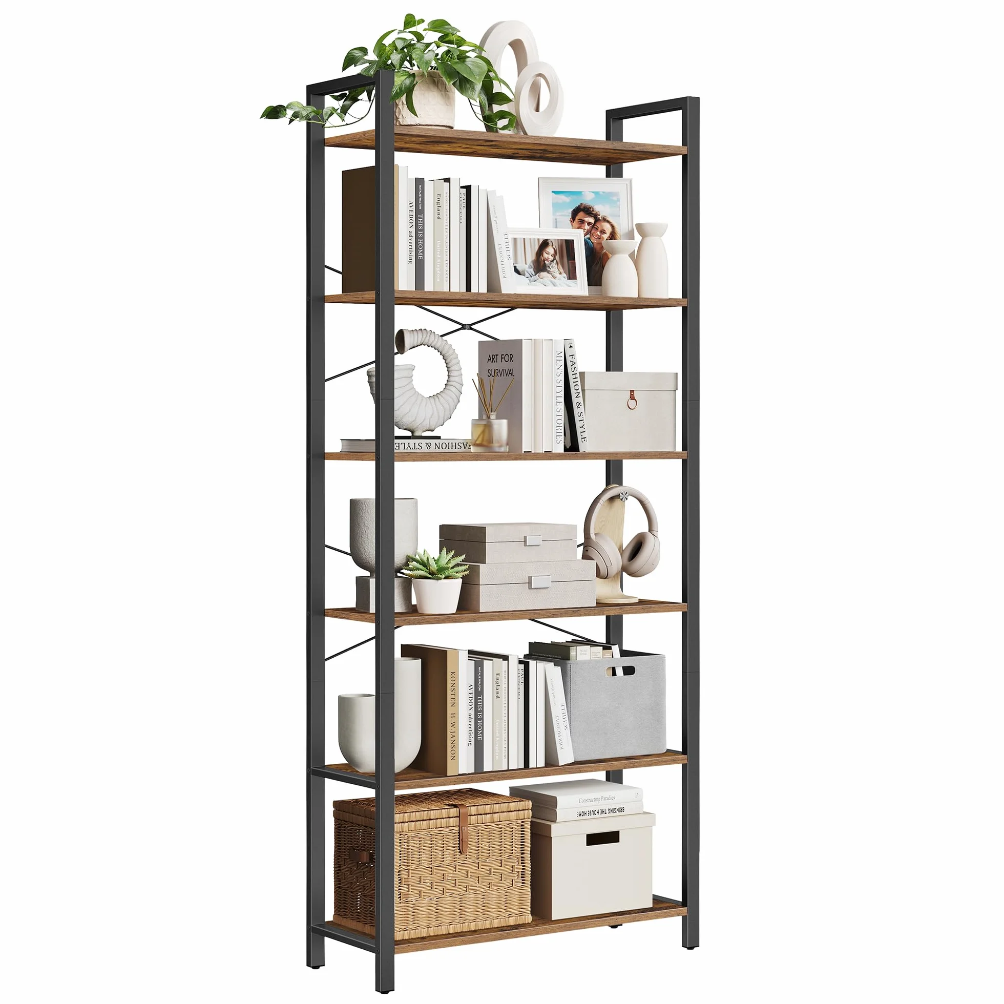VASAGLE Estantería 6 Niveles Librería Marco Acero 30x80x186 cm Marrón Rústico Negro