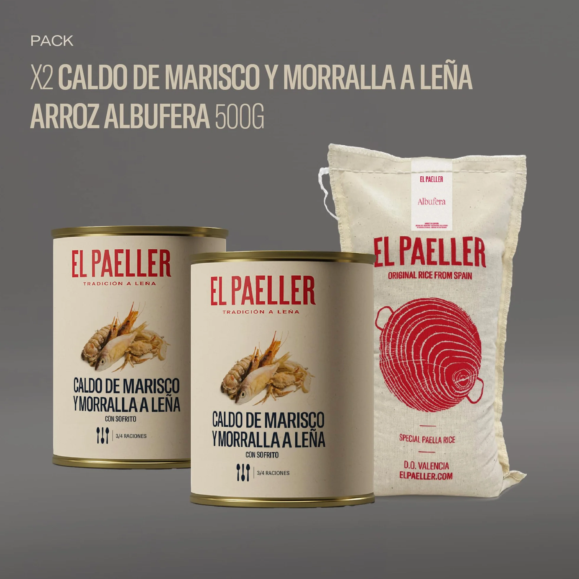 EL PAELLER Caldo de Marisco a Leña Arroz Albufera D.O. Valencia Pack Completo 2 Latas 2L Saco 500g