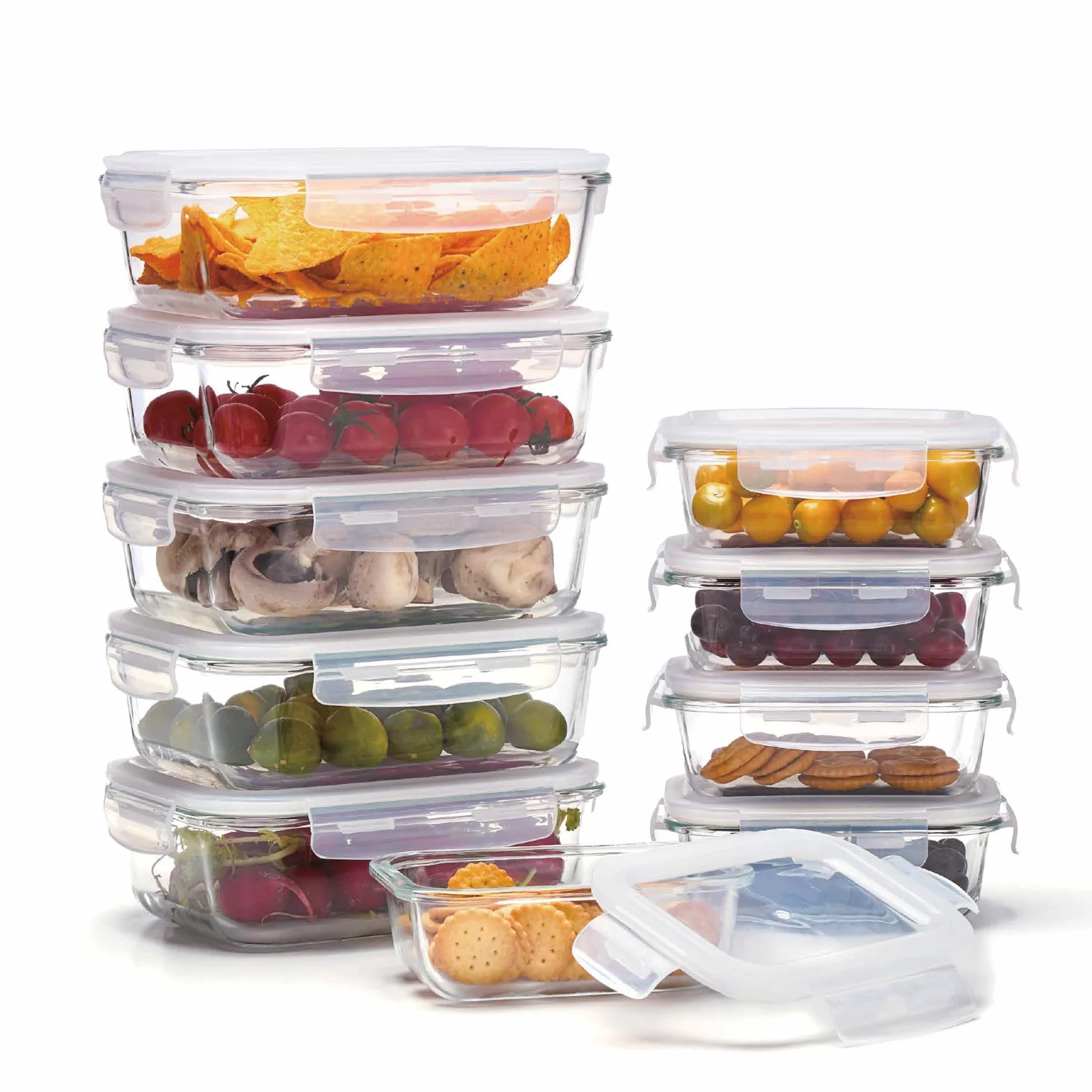 Lacers PurpleLine - Juego de 20 recipientes de cristal con tapa, recipientes de cristal para cocina, 5 x 370 ml y 5 recipientes de 1050 ml con tapa