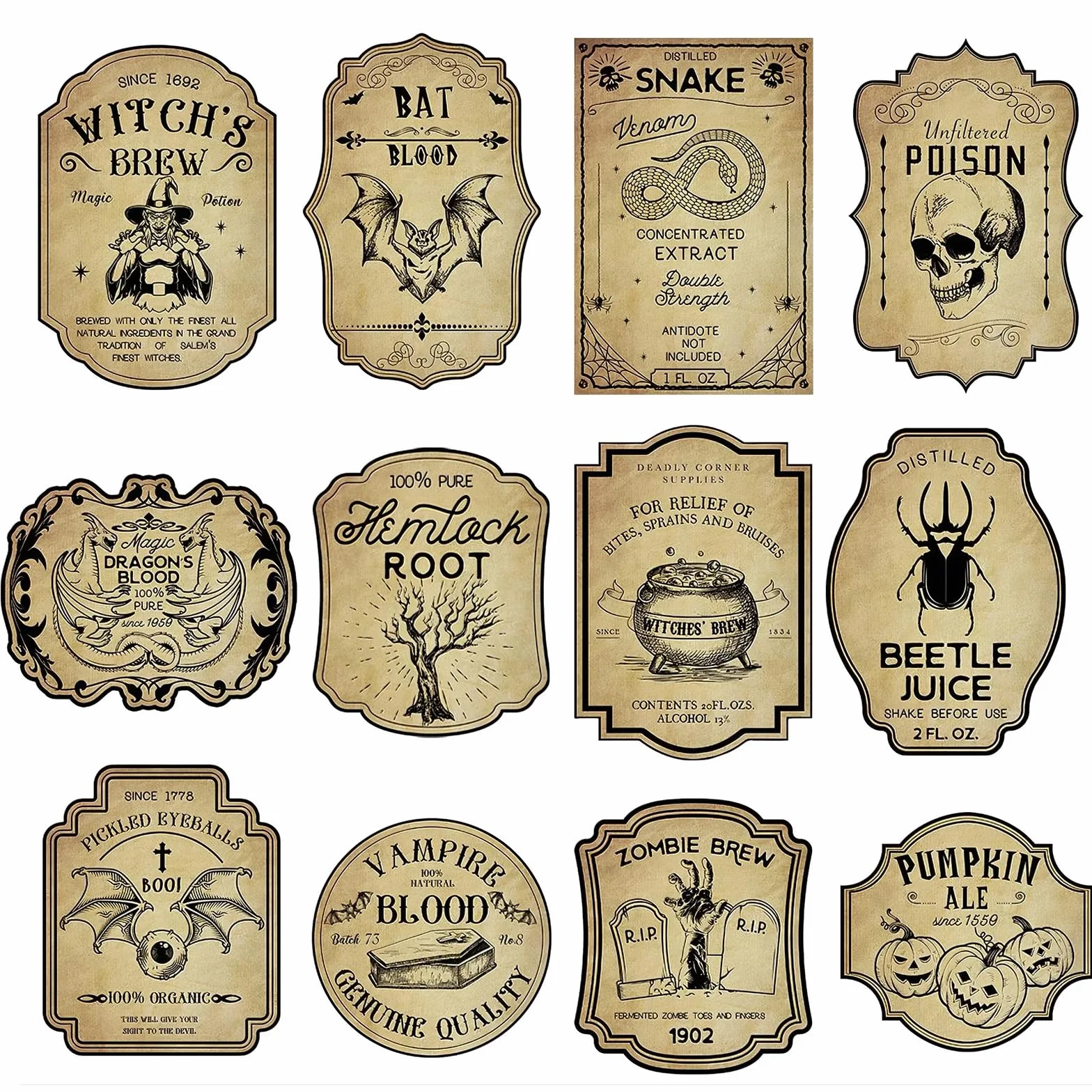 Etiquetas Halloween para botellas vino, 36 etiquetas, 12 estilos, marrones