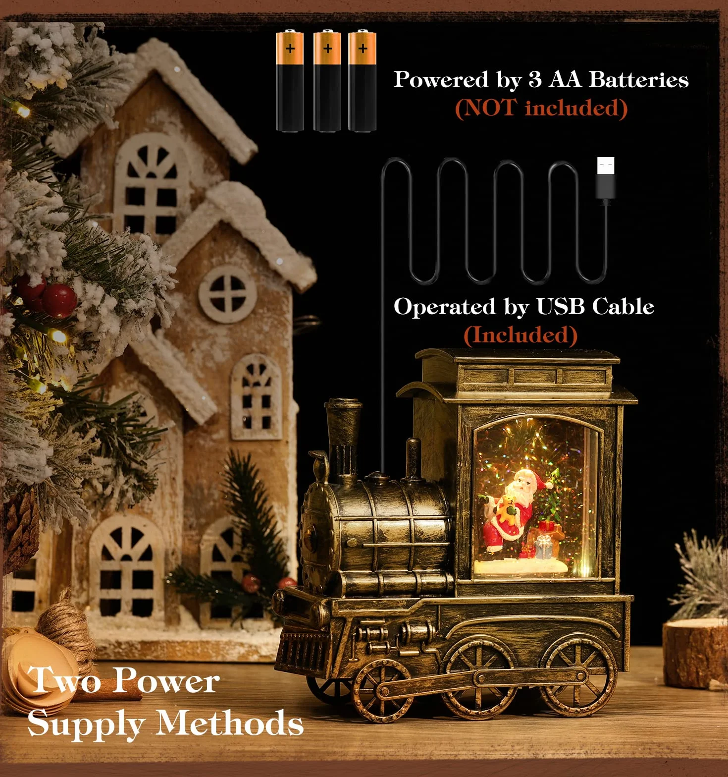 Lewondr Bola de Nieve Musical de Navidad, Caja de Música Decorativa en Forma de Tren con Papá Noel, Decoración de Mesa Funciona con Pilas/USB con Purpurina Remolinada & Proyección & Temporizador