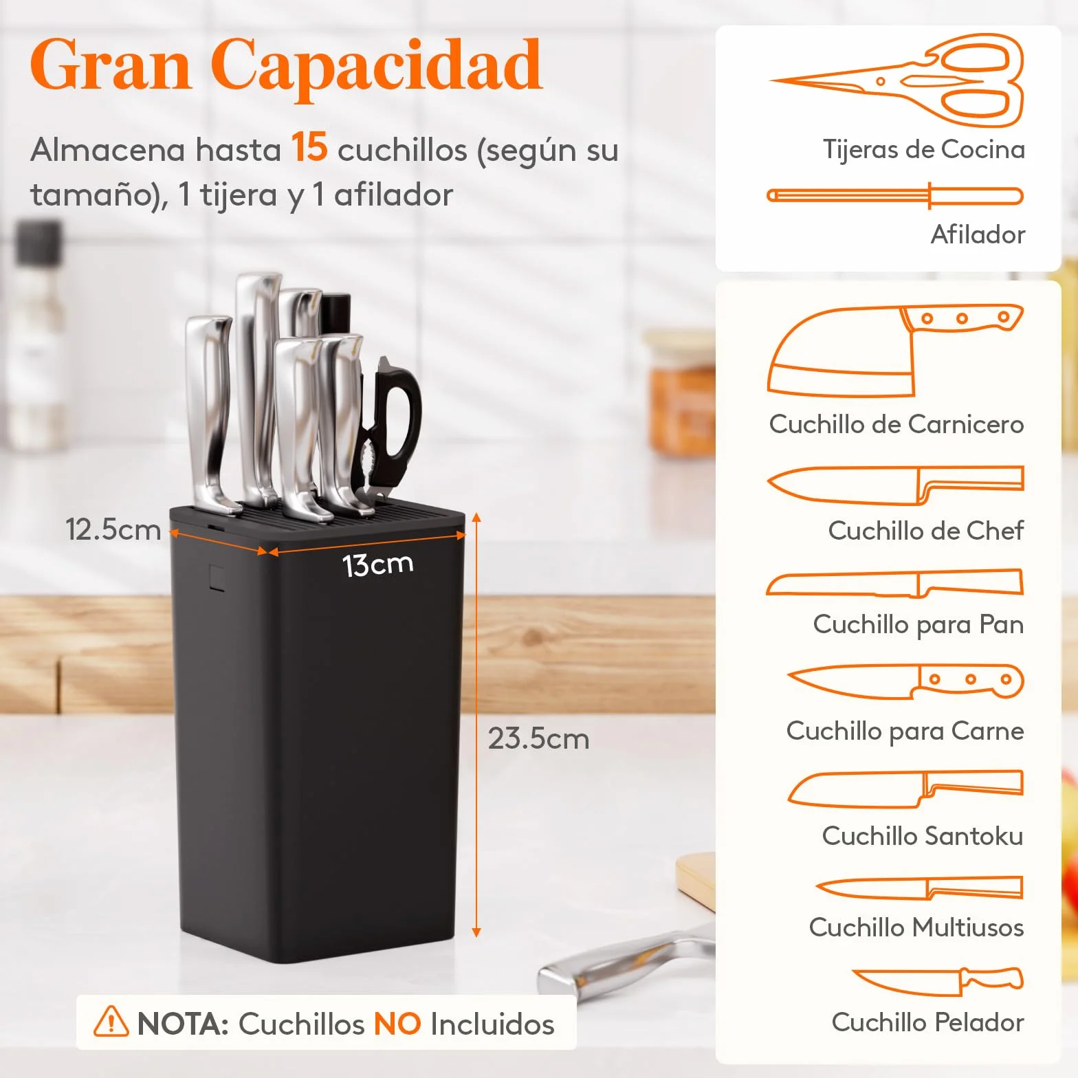 Lifewit Bloque Portacuchillos sin Cuchillos Soporte 15 Knives Ranura Tijeras Afilador Organizador Cocina Drenaje Blanco