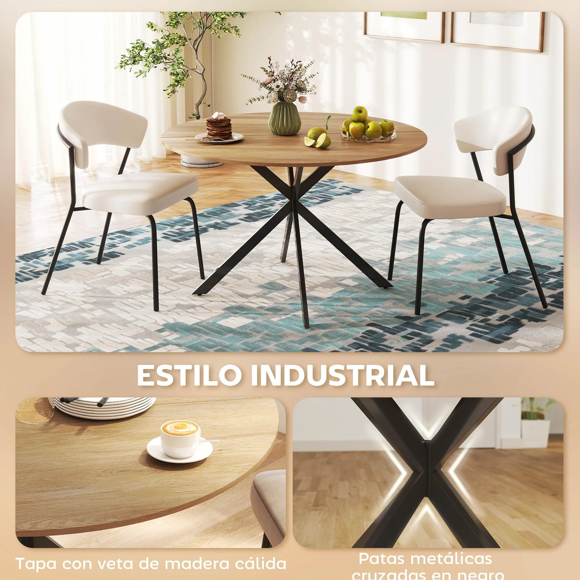 HOMCOM Mesa de Comedor Redonda para 4 Personas, Ø120x75 cm, Mesa de Cocina Industrial con Estructura de Acero, Roble