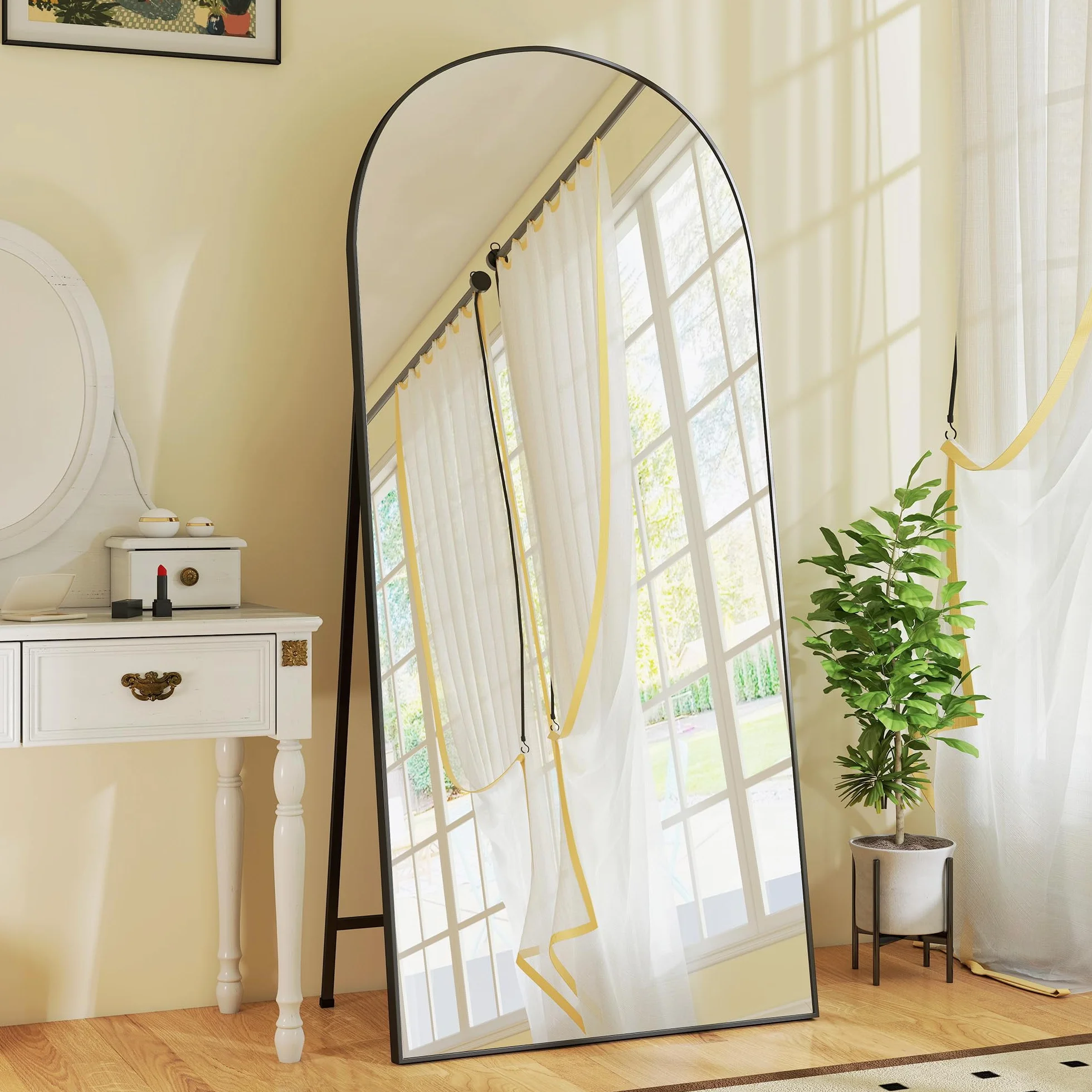 HOMCOM Espejo de Cuerpo Entero, 180x80 cm, Espejo de Pie Arqueado, Marco de Aluminio Negro, Independiente, Apoyado y de Pared, para Dormitorio, Salón