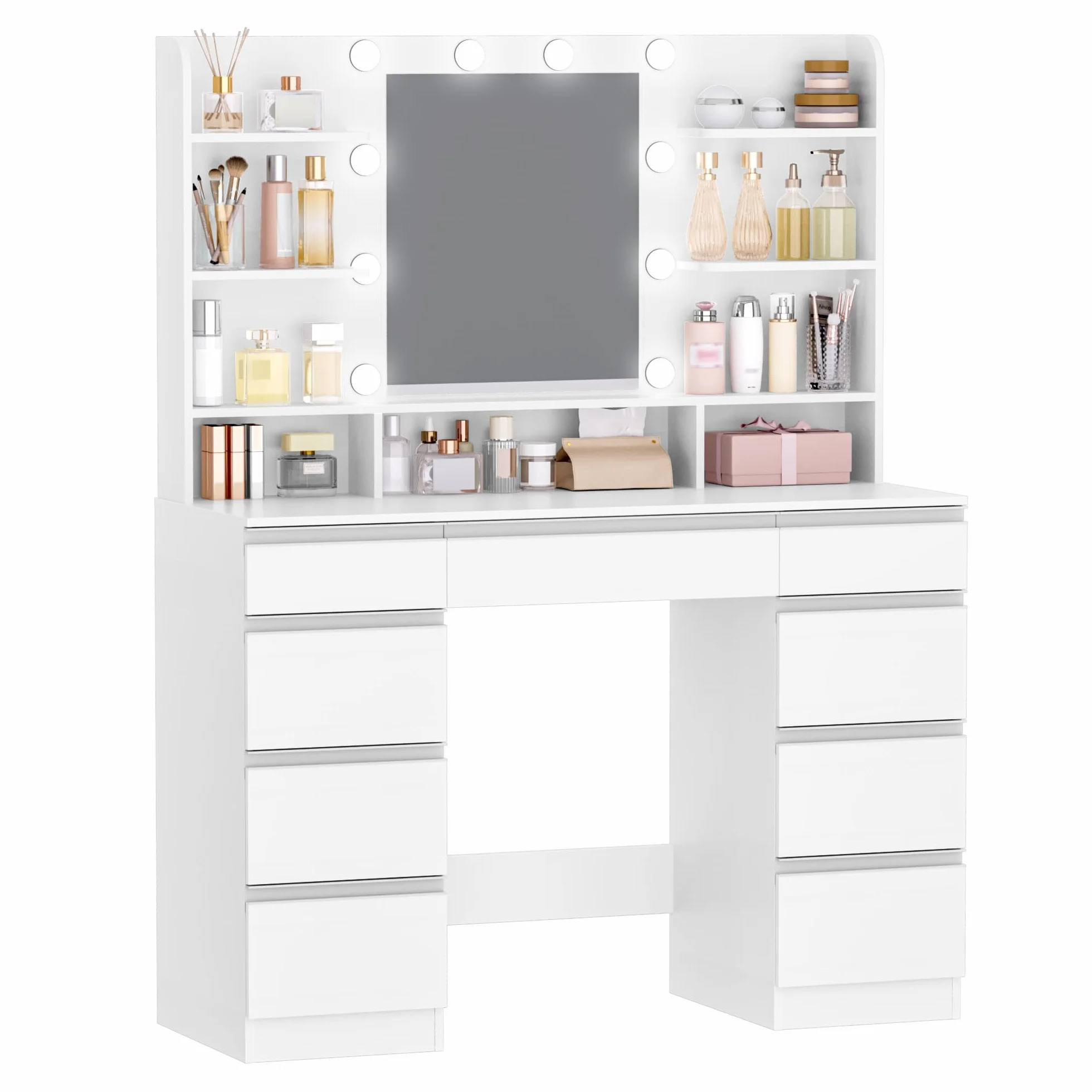 Tocador con 10 Globos de Luz LED, 108 cm, Espejo HD Grande, Blanca-Plata