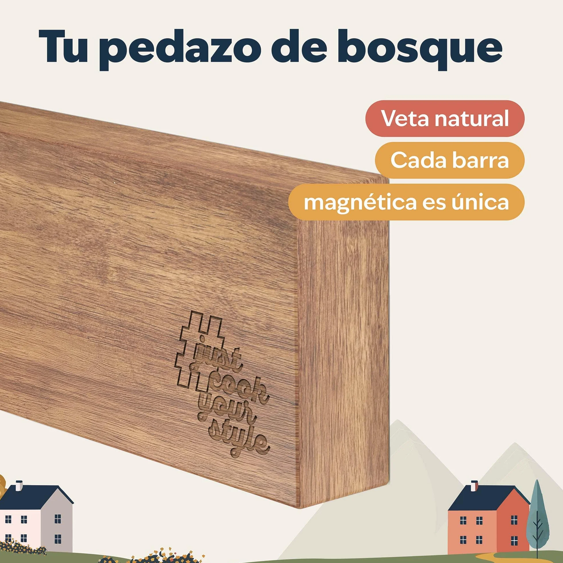kjøk Barra Magnética para Cuchillos de Madera de Acacia – soporte magnético de pared para cuchillos, tijeras y utensilios – montaje con adhesivo o tornillos, accesorios incluidos