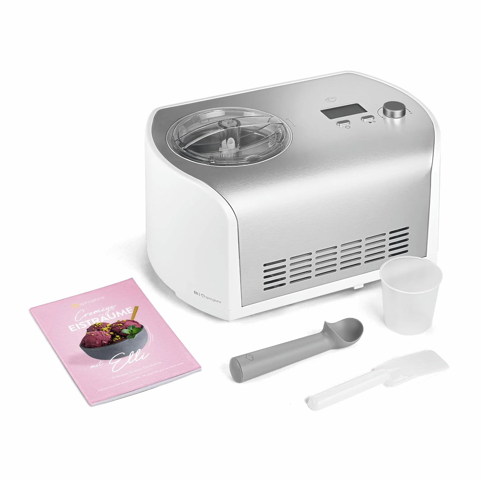 SPRINGLANE Máquina de Hacer Helados con Compresor de 1,2 litros ELLI, Recetas incluidas, Heladera de acero para yogur, Sorbete y Helado, 135 W, display LCD, temporizador, refrigeración
