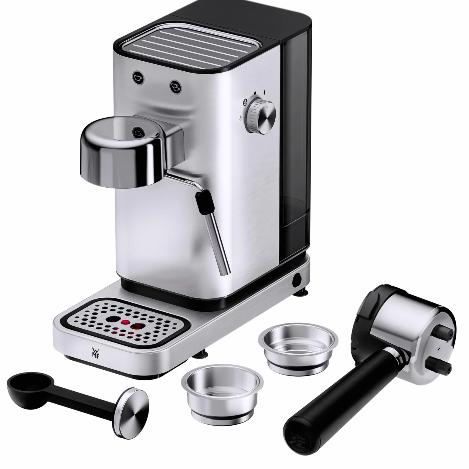 WMF Lumero - Cafetera expreso con 3 portafiltro, 1400 vatios, para 1-2 tazas de expreso, 15 bares, reposavasos, espumador de leche, prensador de café, luz led, acero inoxidable mate