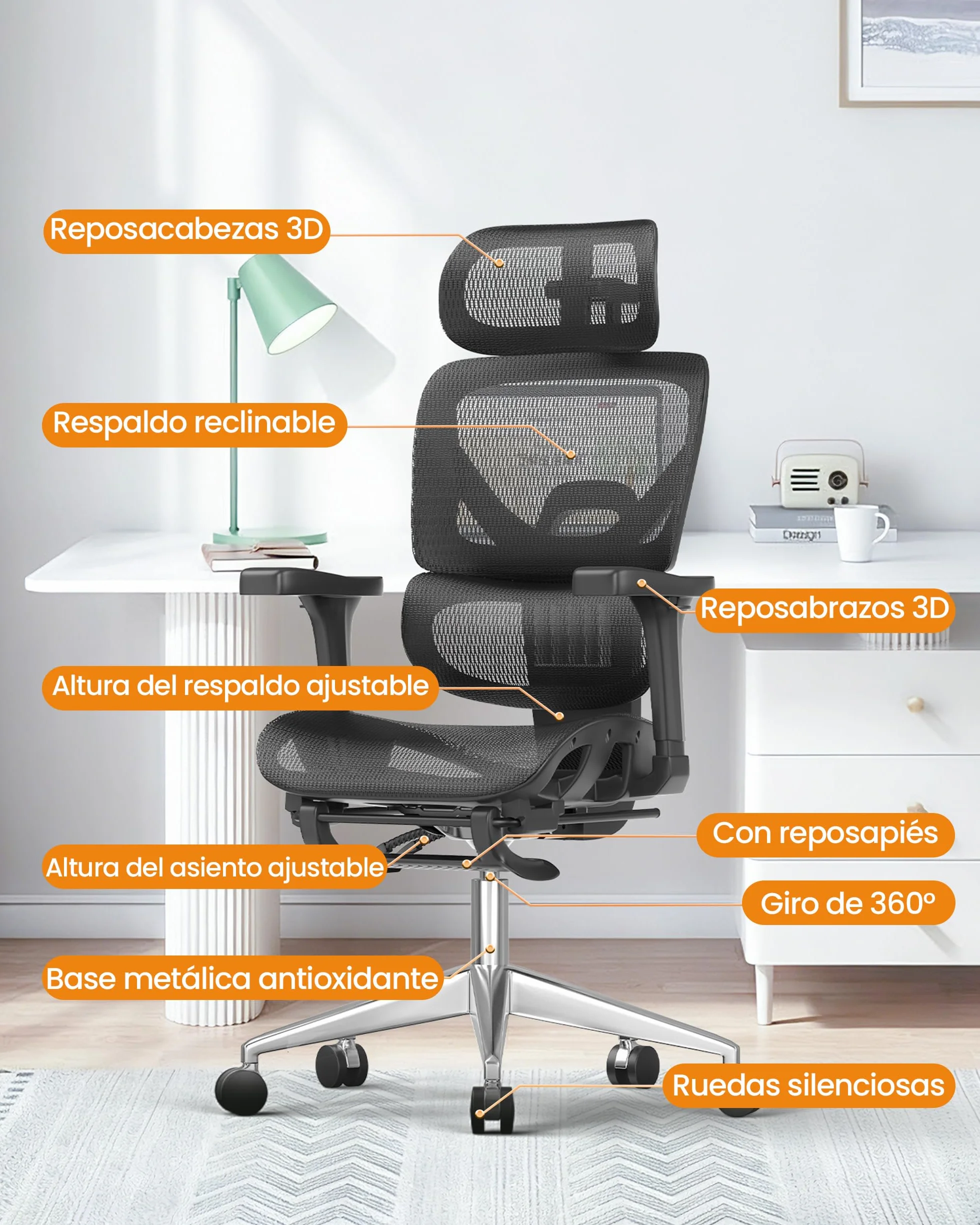 Silla Escritorio Ergonómica con Respaldo Alto de Malla Transpirable, Carga 160 kg, Reposabrazos 3D y Reposacabezas Ajustables