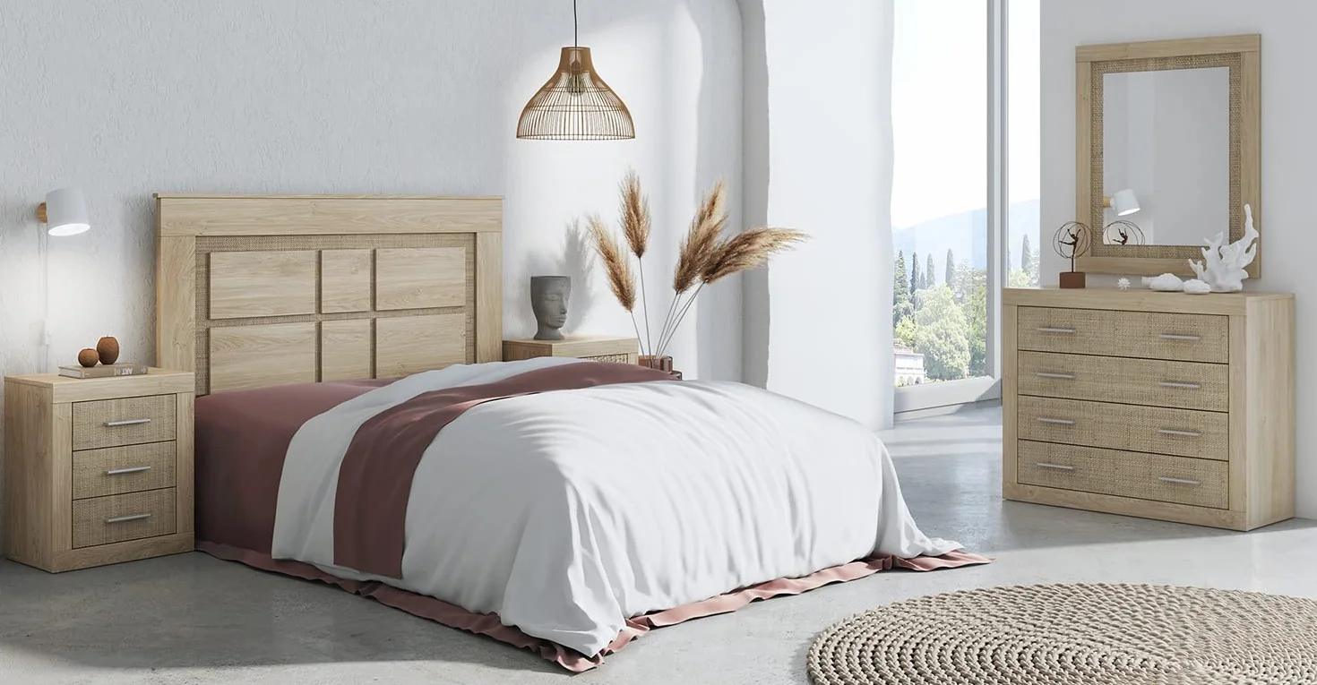 Conjunto de Cabecero + 2 Mesitas de Noche Color Roble Cambrian, Efecto Textil