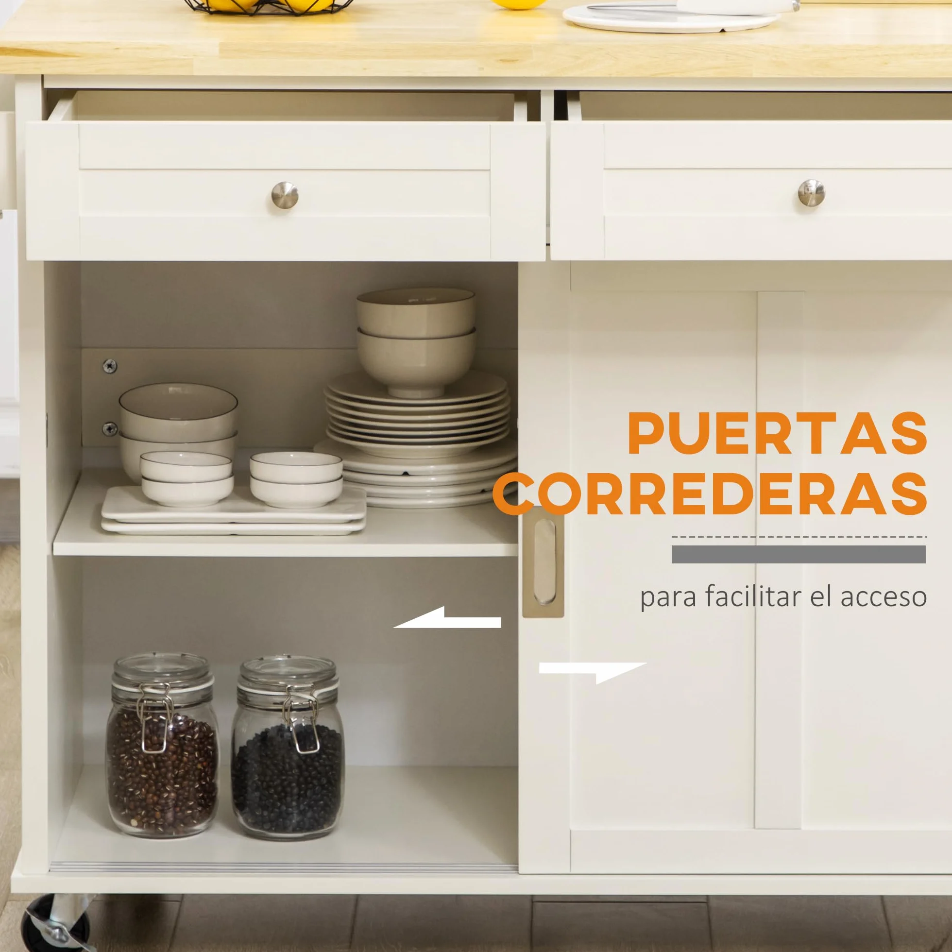 HOMCOM Carrito de Cocina Isla de Cocina Multifuncional con 4 Ruedas 2 Puertas Correderas 2 Cajones Estantes Ajustables y Barra de Colgar para Comedor Sala 110x49,5x89,5 cm Crema