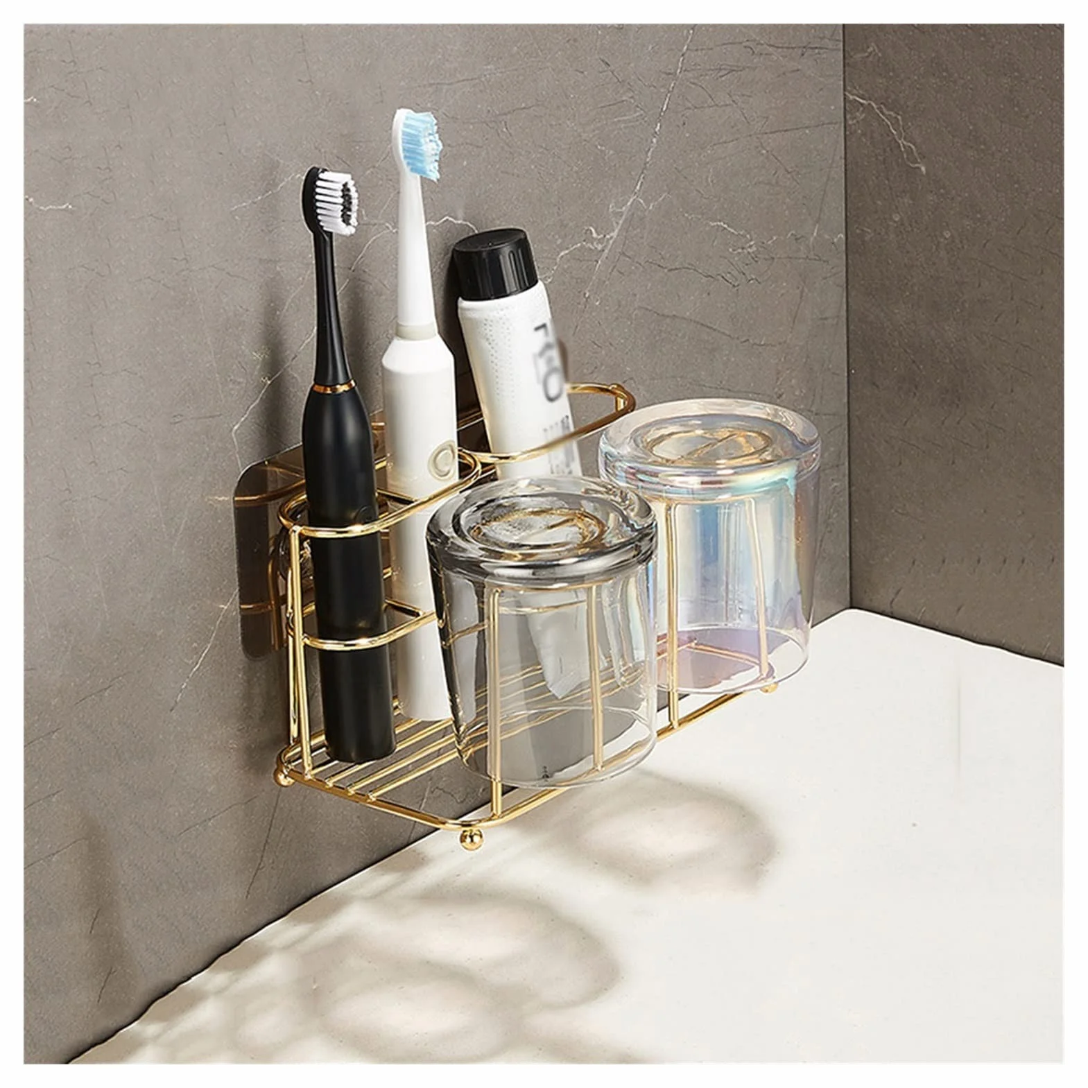 Organizador de Almacenamiento de Baño Soporte de cepillo de dientes montado en la pared con fregadero for almacenar pasta de dientes, cepillo de dientes, limpiador facial, soporte de cepillo de diente