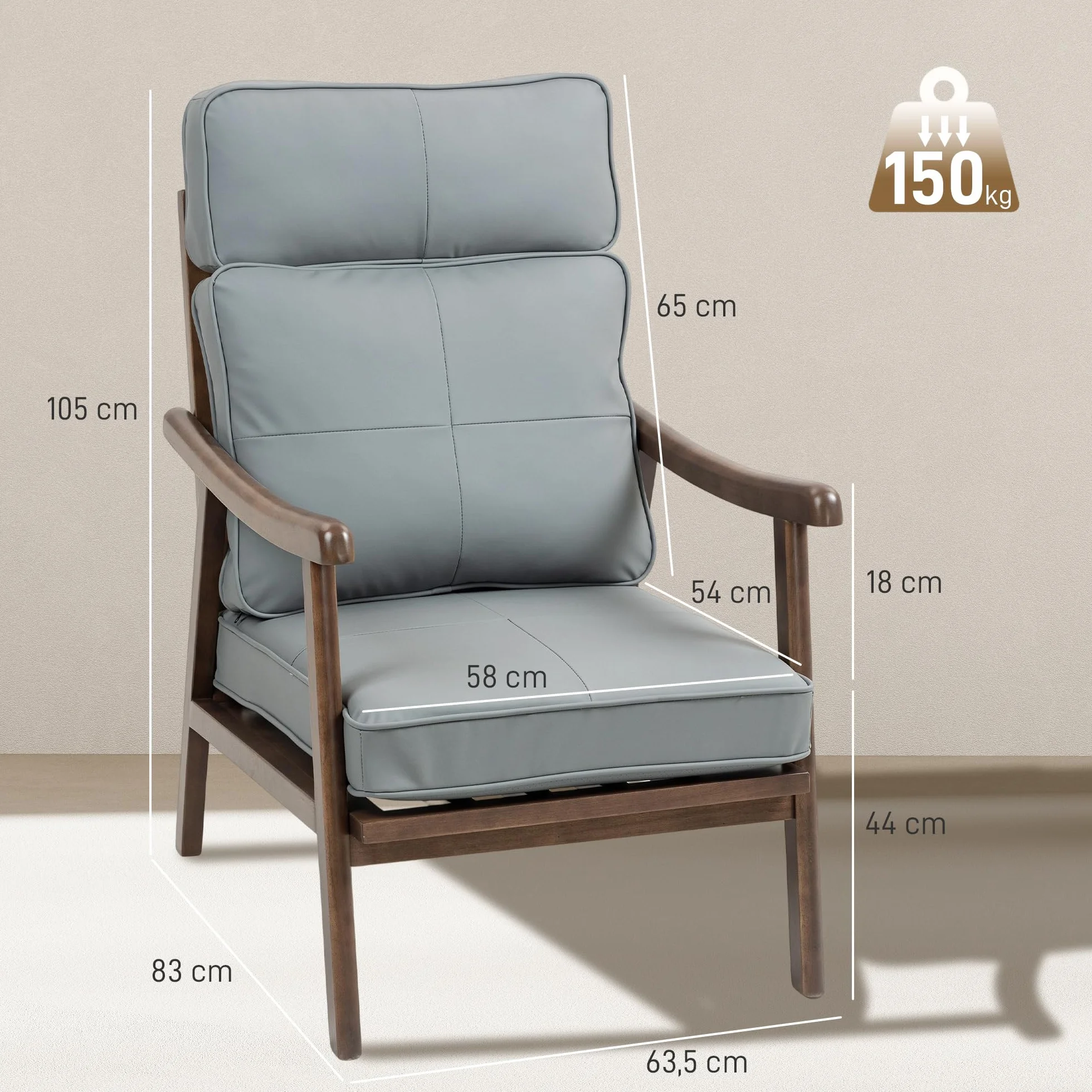 HOMCOM Butaca de Salón Sillón de Salón Tapizado en PU con Marco de Madera Cojines Acolchados Gruesos Respaldo Alto Carga 150 kg Sillón Lectura para Sala de Estar Dormitorio Gris y Madera Nogal