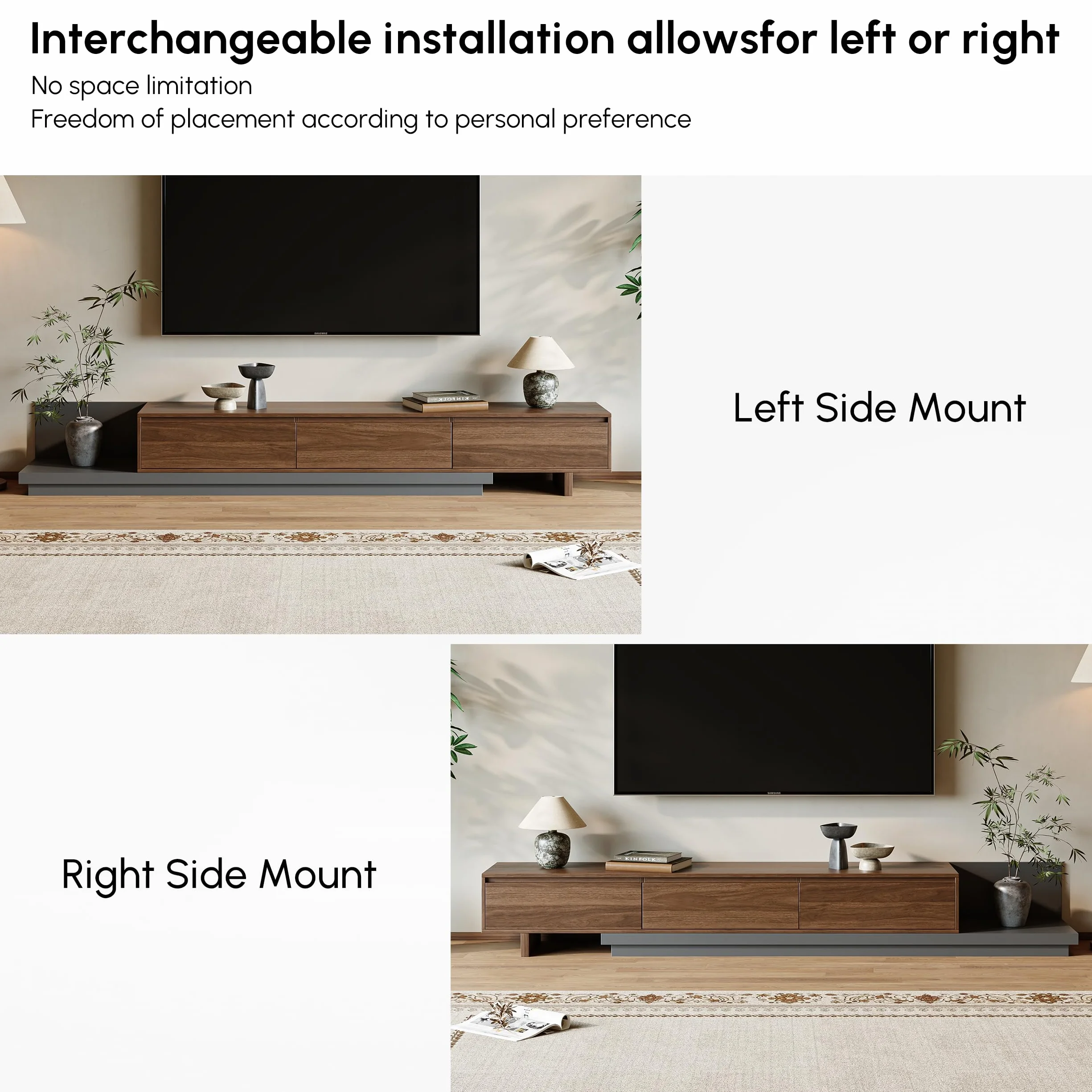 Homary Mueble TV Extensible 200–360 cm Mueble TV salón Moderno con 3 cajones Soft-Close y diseño Extensible para Muebles de salón Flexibles, Nogal y Gris