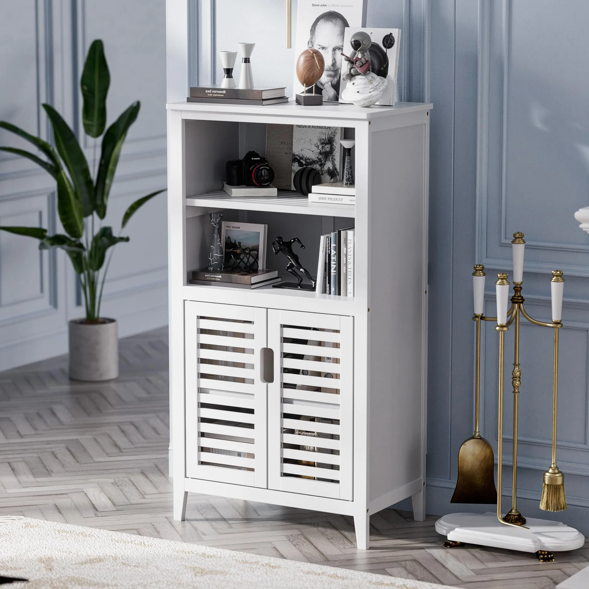 HITNET Mueble Baño Bambu, Armario Bajo Baño Auxiliar, Gabinete de Almacenamiento con Doble Puerta, Estante Ajustable, para Sala de Estar, Cocina, Entrada, Blanco