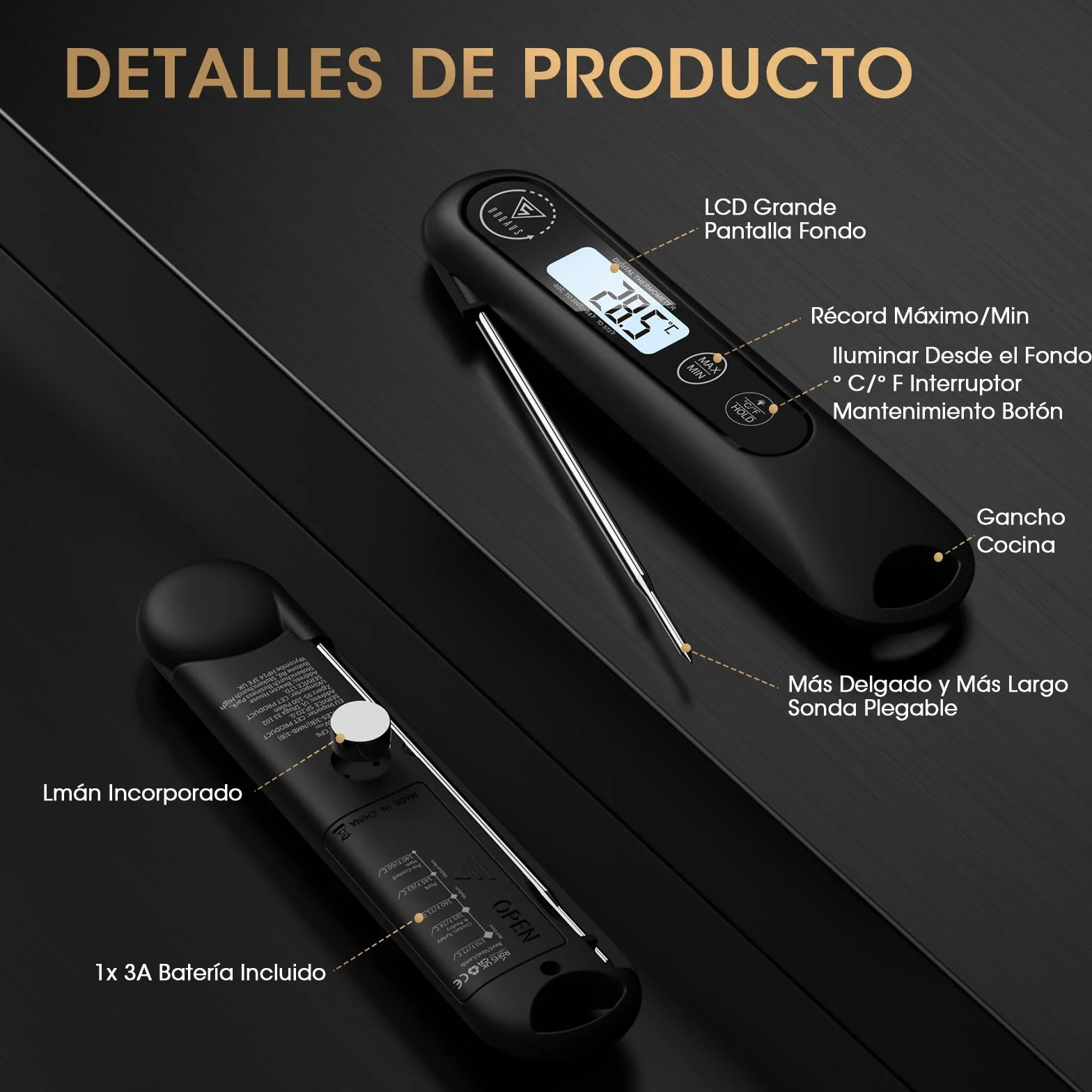 DOQAUS Termometro Cocina Digital de Lectura Instantánea de 3s, Termómetro Alimentos con Plegable Sonda Larga, Termometro Carne con Pantalla LCD para Carne, BBQ, Comida, Liquidos, Aceite, Agua