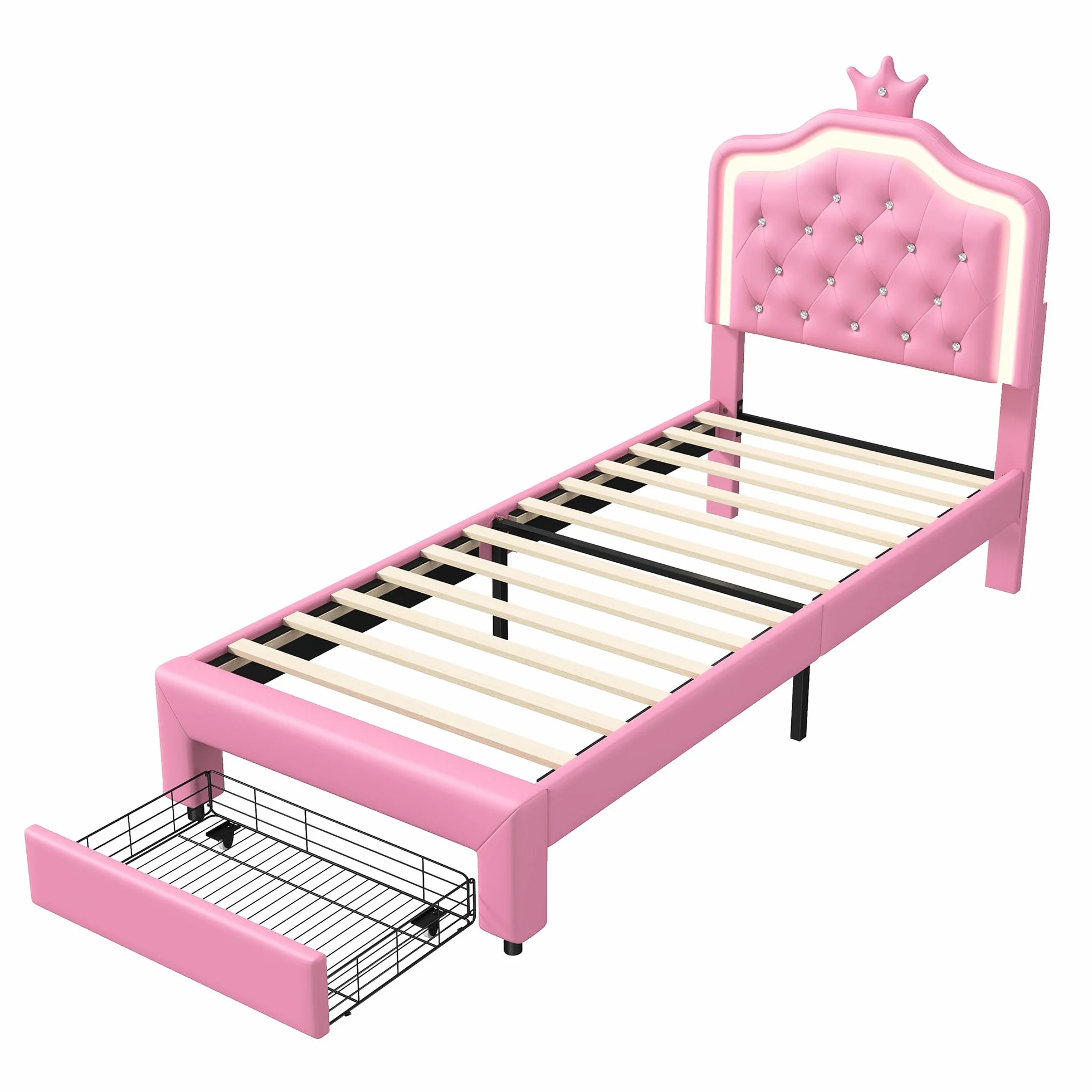 Cama para Niña 90x200 con LED RGB, Regulable en Altura, Cama Individual con contenedor, Cama Infantil, en Forma de Corona, Somier de Láminas de Madera, PU, Sin colchón (Rose-C, 90x200 cm)