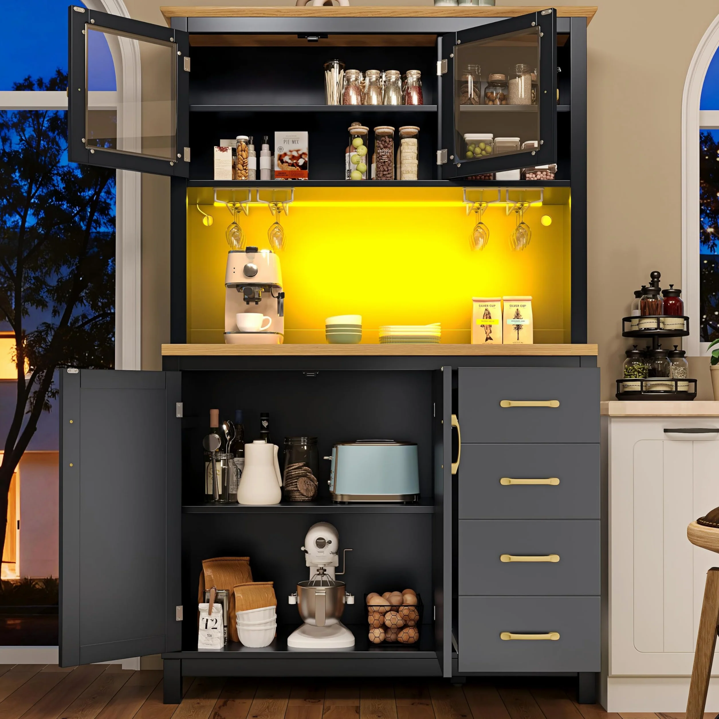 Armario Cocina Alto con Luz LED y Almacenaje, Aparador Cocina con Cajón y 4 Puertas, Mueble Aparadores Alacena de Cocina Despensa con Portavasos y Dispositivo Antivuelco, 105.5x40x180 cm, Negro