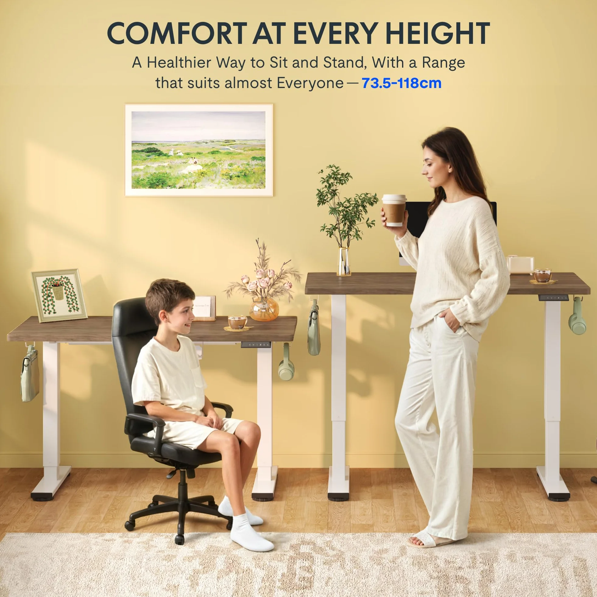 FLEXISPOT Escritorio Elevable Eléctrico con Tablero Acabado de Roble Hecho en UE,140×80cm,Altura Ajustable 71-120cm,Capacidad 80 kg,para Oficina,Trabajo Remoto,Hogar y Empresa,Roble Café + Negro