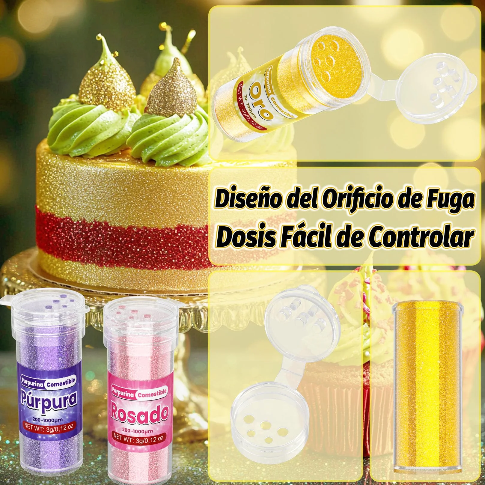 Purpurina Comestible 7 Colores Vivos Glitter Comestible Reposteria 3g sin Sabor para Bebidas, Tarta, Macarons