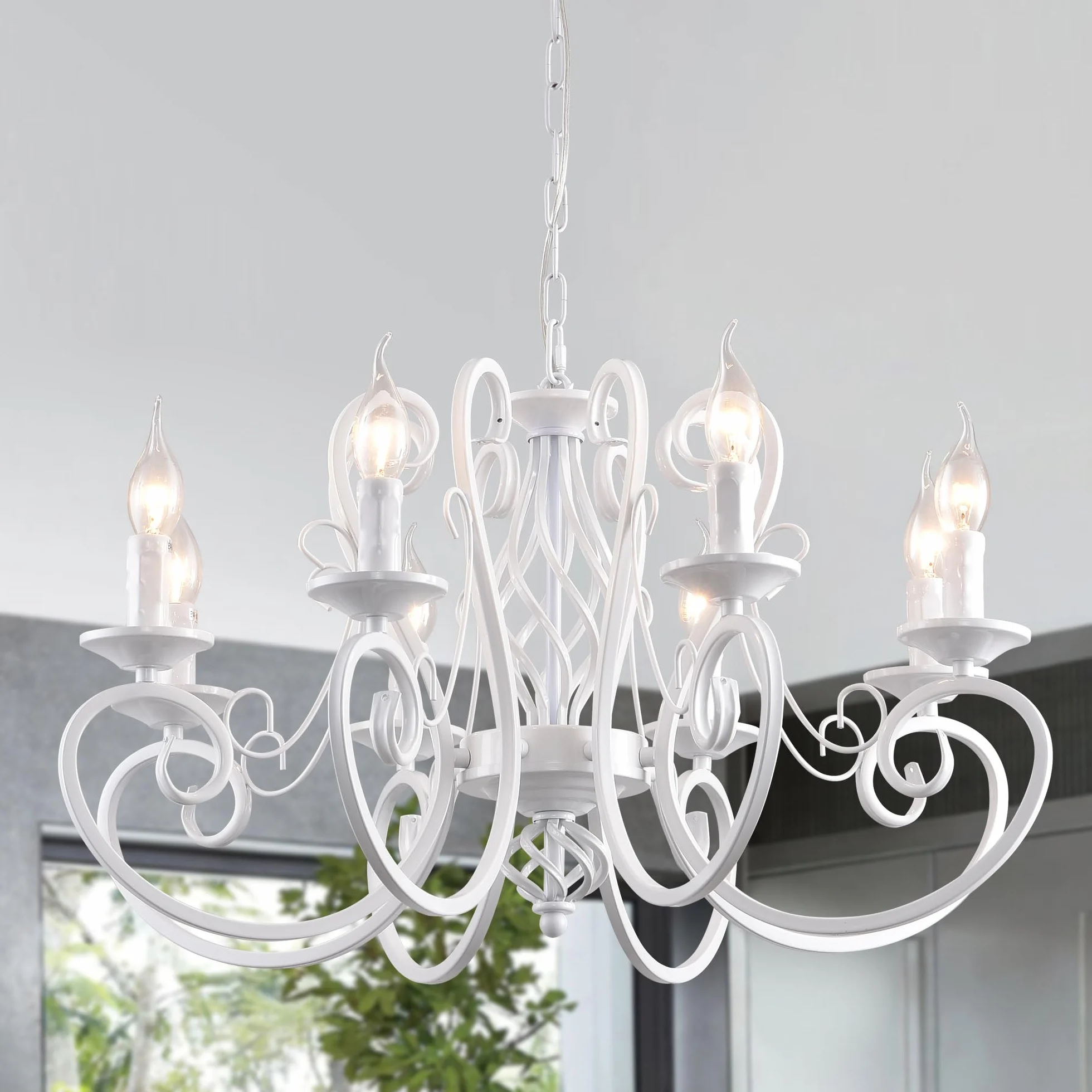 Ganeed Lámparas de araña de país francés Isla de cocina Candelabro de hierro Vela Industrial Vintage Lámpara colgante para granja Comedor Dormitorio Vestíbulo Blanco 8 Luces
