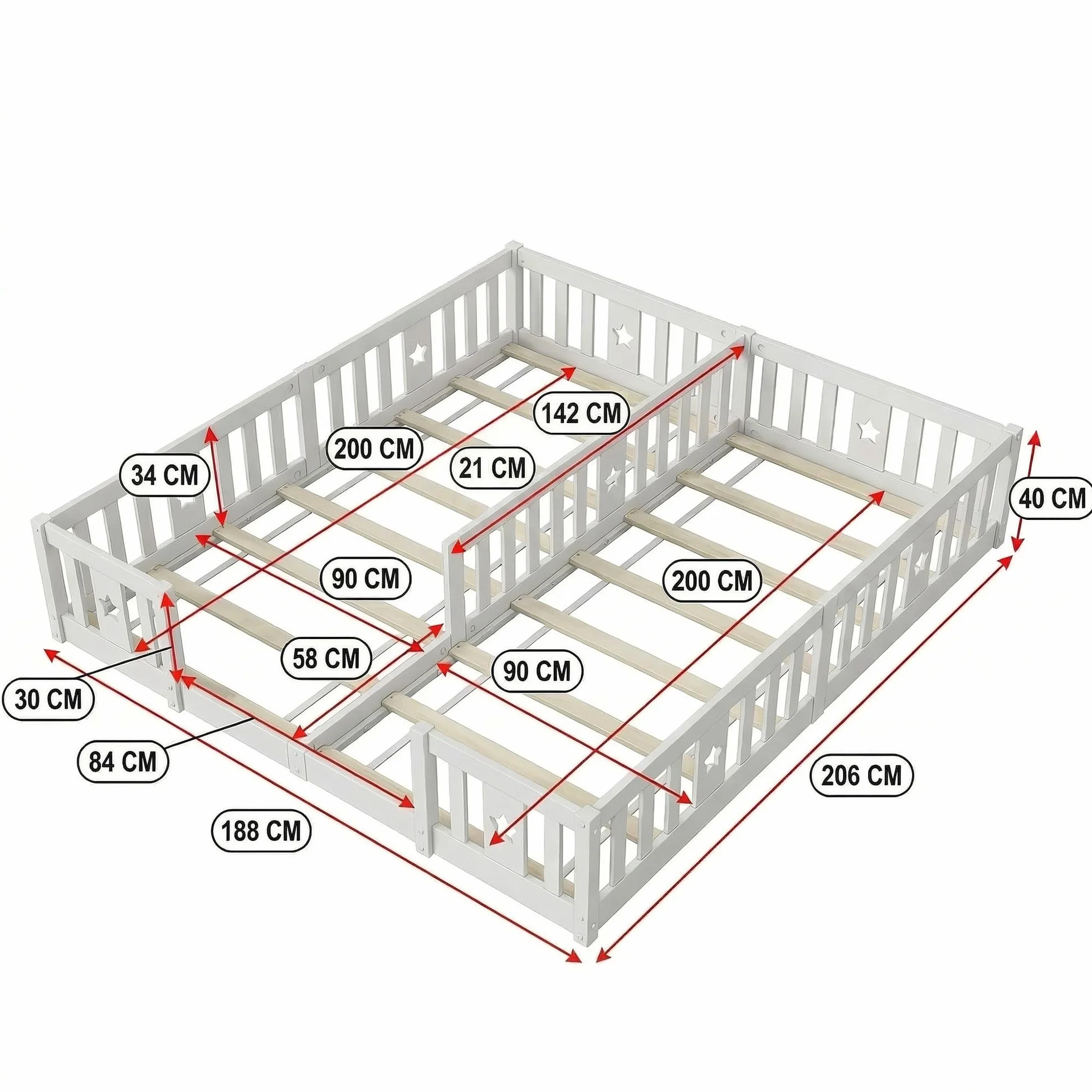 Cama infantil 180x200 cm madera protección anticaídas somier doble juvenil diseño escandinavo gris