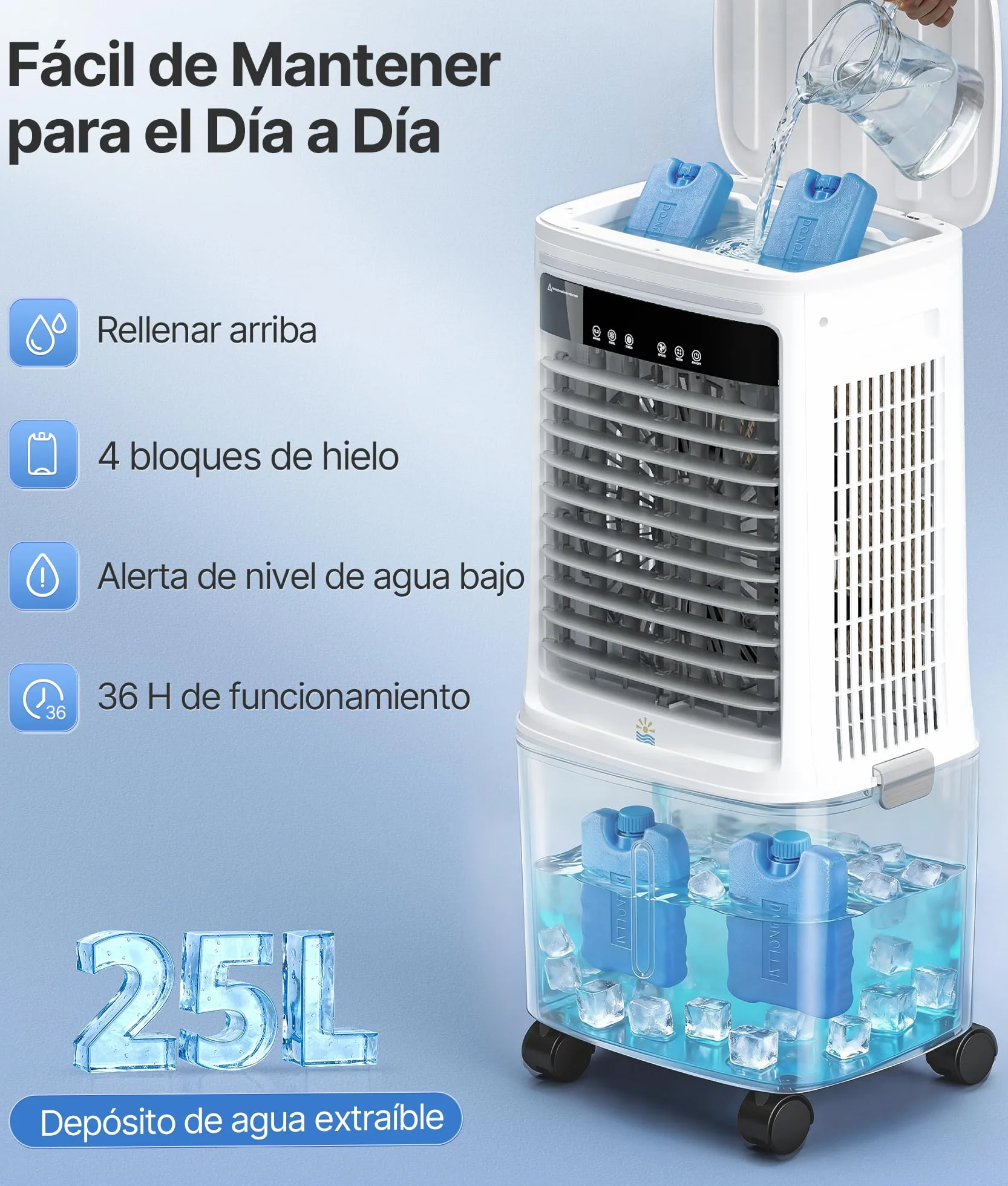 Enfriador de Aire Portátil 25L con Agua - Alternativa al Aire Acondicionado Portatil, Climatizador Evaporativo Portátil Oscilación 80°, Mando, Temporizador 12H, Blanco
