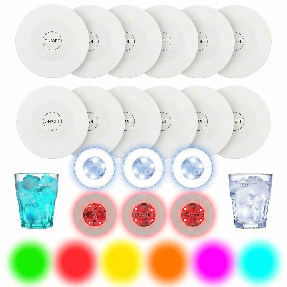 12 Pegatinas LED de Ambiente para Botellas y Vasos, Posavasos LED Multicolor y Blanco Frío, Luces Autoadhesivas con Pilas Reemplazables para Fiestas, Bodas, Bares y Decoración de Mesa
