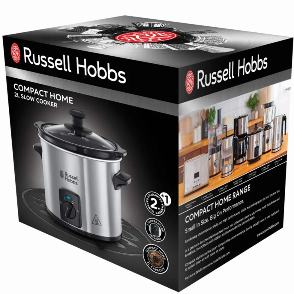 Russell Hobbs Olla de Cocción Lenta Compact Home - Capacidad 2 L, Diseño Compacto, 3 Temperaturas, Cuerpo de Acero Inoxidable, Cazuela Extraíble de Cerámica, Tapa de Cristal, Plata - 25570-56