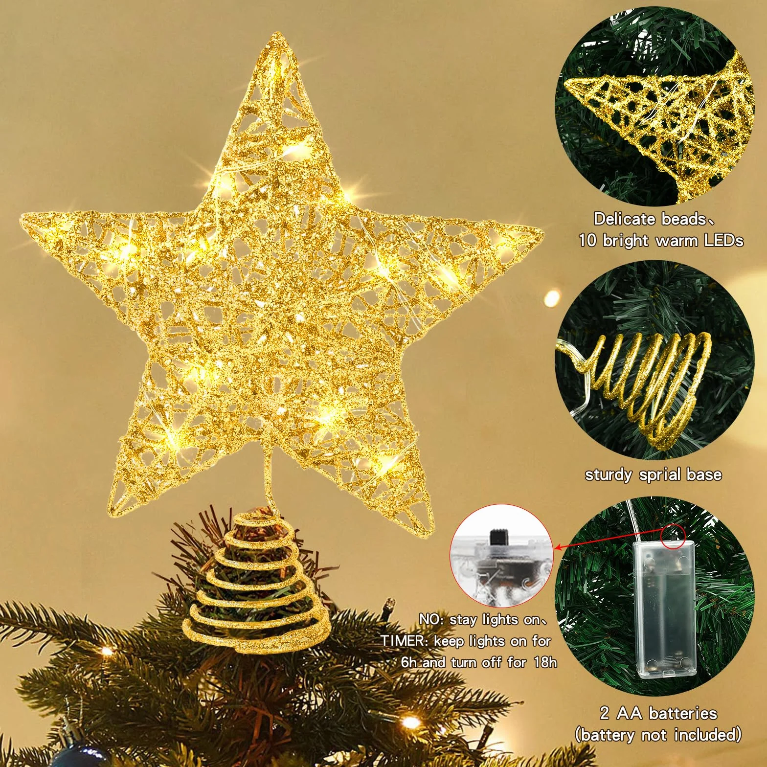 Estrella Arbol Navidad 25 cm 10 Luces LED Topper Decoracion