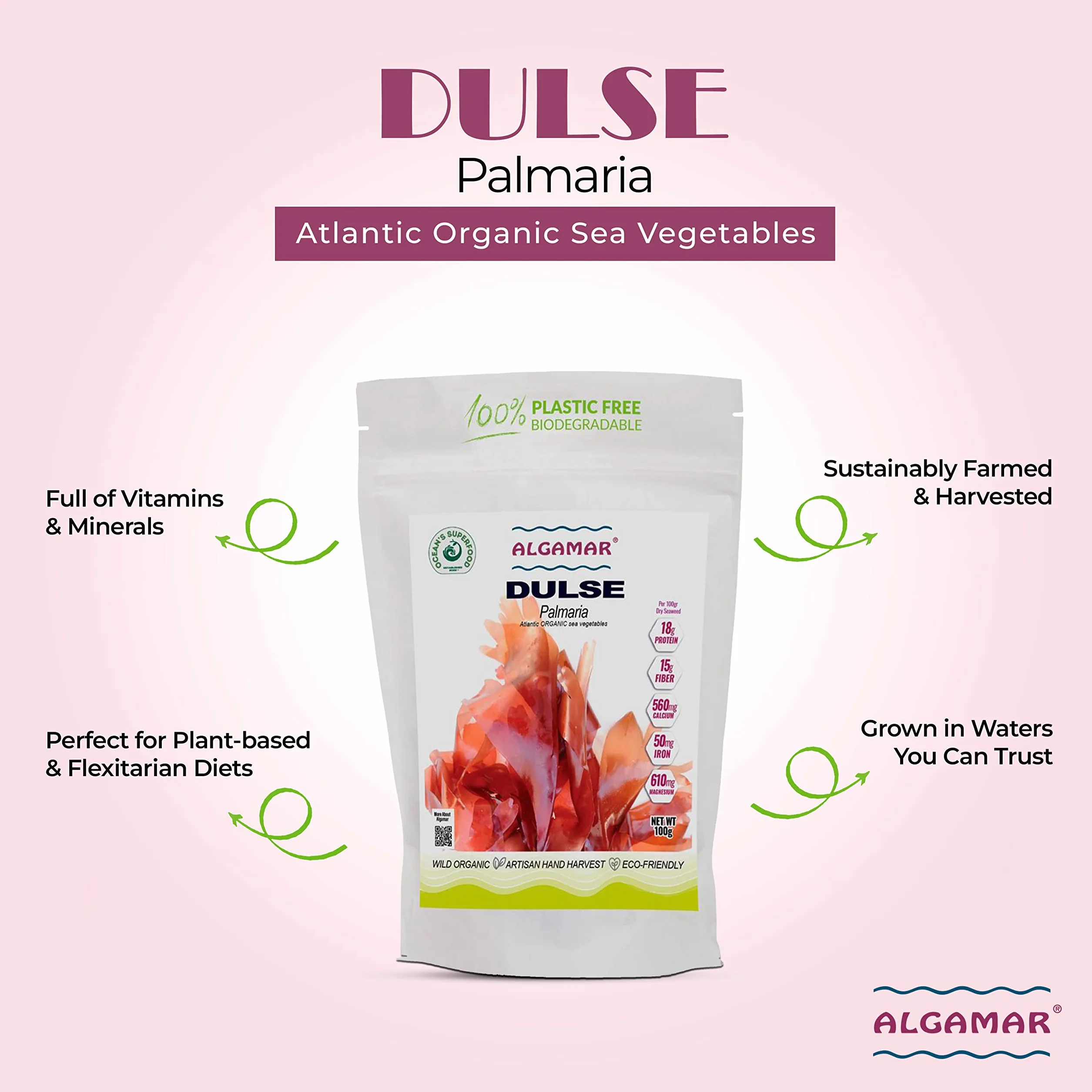 ALGAMAR Dulse Algas marinas 3.5 onzas orgánicas sin gluten veganas kosher ecológicas vitamina C proteínas potasio minerales